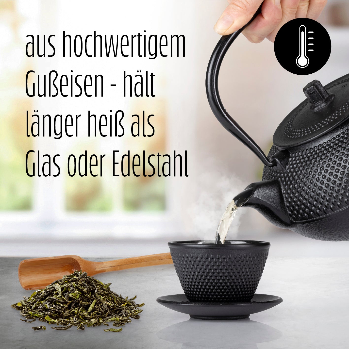 Tee-Set 8-teilig - 1,4 Liter Gusseiserne Teekanne Tetsubin - Stövchen aus Gusseisen - 2 Teebecher & 2 Untersetzer - Schwarz