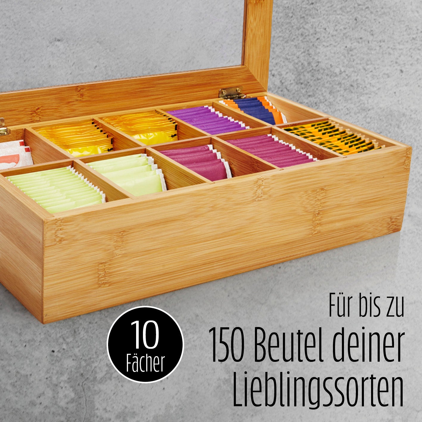 Cuisine Teebox aus Bambus mit 10 Fächern - ca. 36,7 x 20 x 9 cm