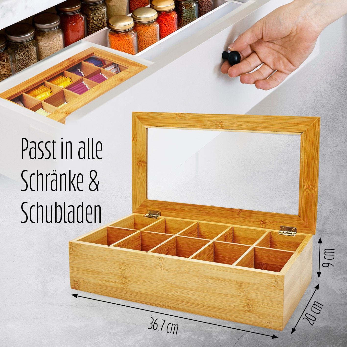 Cuisine Teebox aus Bambus mit 10 Fächern - ca. 36,7 x 20 x 9 cm