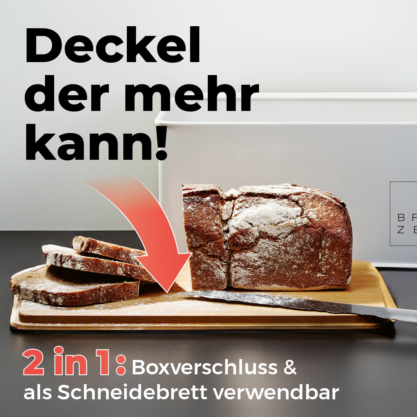 Cuisine Brotkasten aus Metall mit Bambus Deckel - Rechteckig 30,5 x 23,5 x 14 cm - Weiß