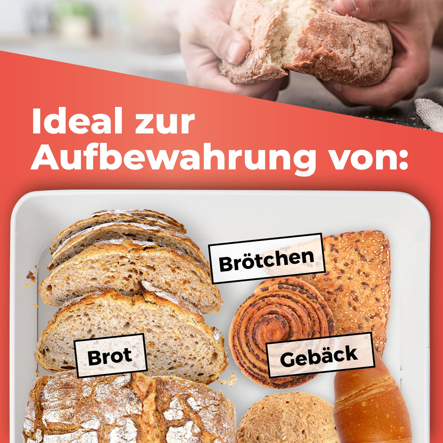 Cuisine Brotkasten aus Metall mit Bambus Deckel - Rechteckig 30,5 x 23,5 x 14 cm - Weiß