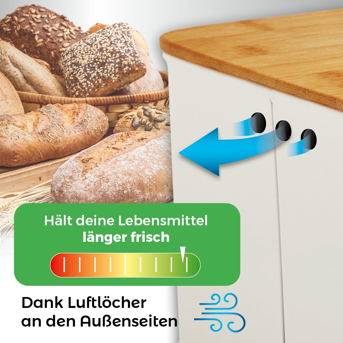 Cuisine Brotkasten aus Metall mit Bambus Deckel - Rechteckig 30,5 x 23,5 x 14 cm - Weiß