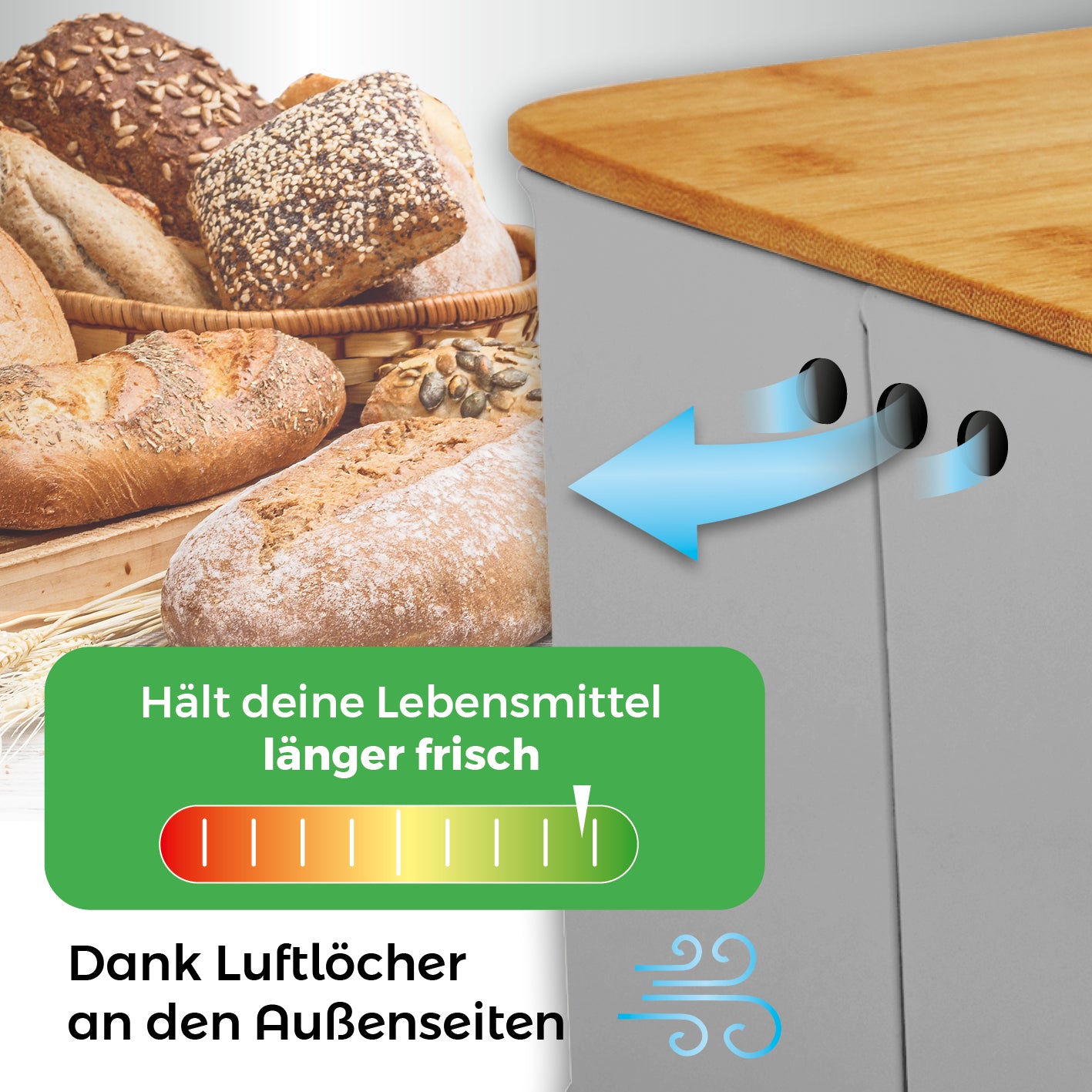 Cuisine Brotkasten aus Metall mit Bambus Deckel - Rechteckig 30,5 x 23,5 x 14 cm - Hellgrau