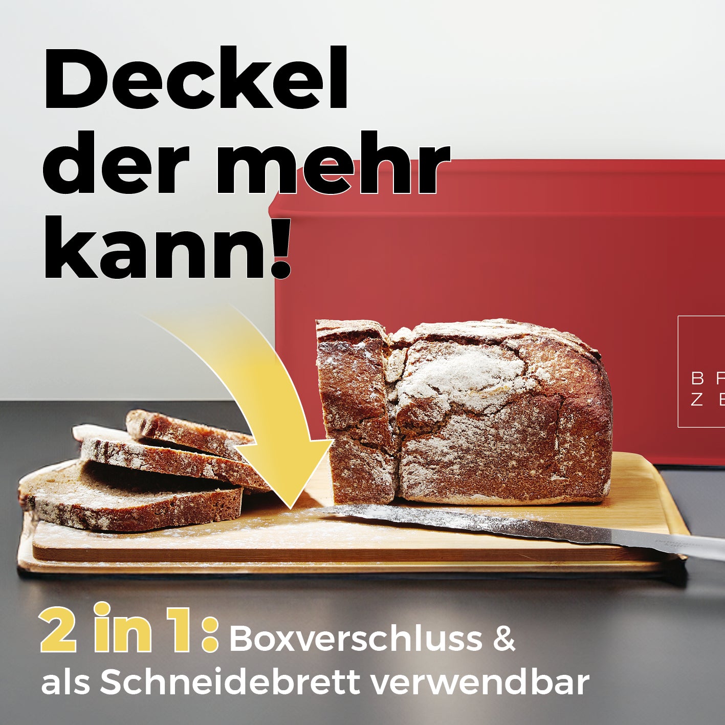 Cuisine Brotkasten aus Metall mit Bambus Deckel - Rechteckig 30,5 x 23,5 x 14 cm - Rot