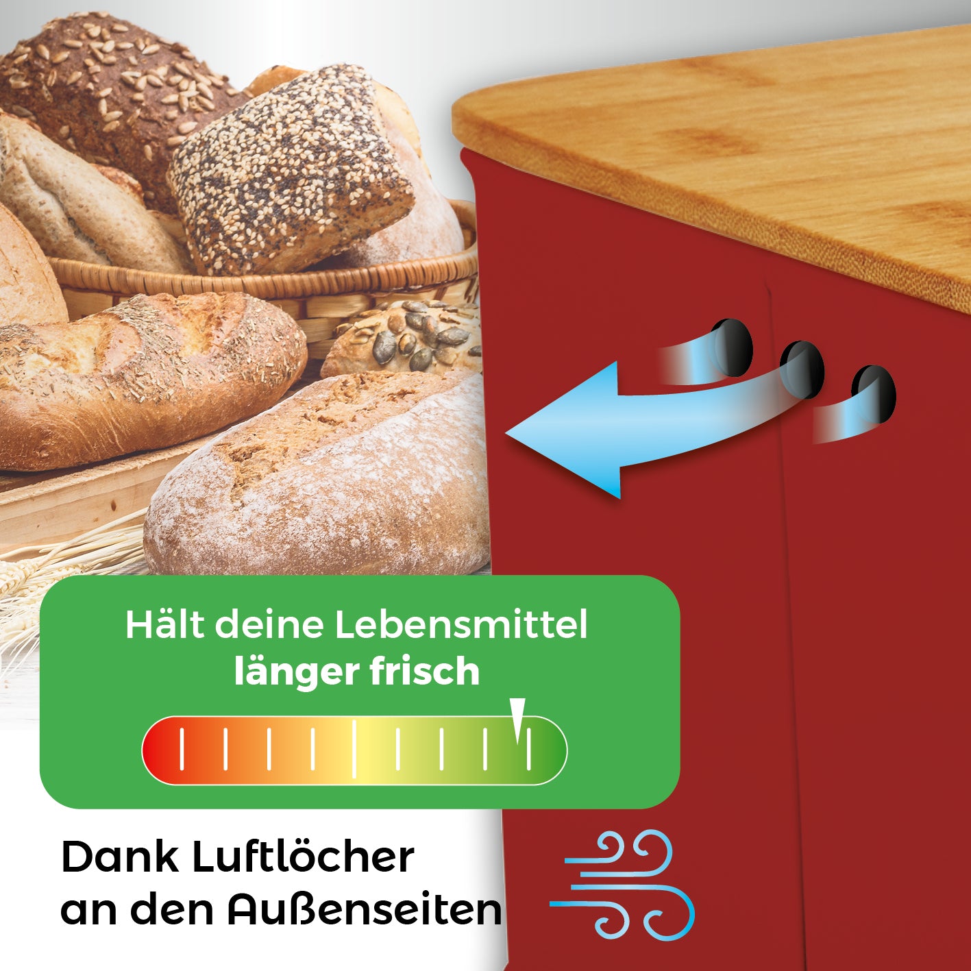 Cuisine Brotkasten aus Metall mit Bambus Deckel - Rechteckig 30,5 x 23,5 x 14 cm - Rot