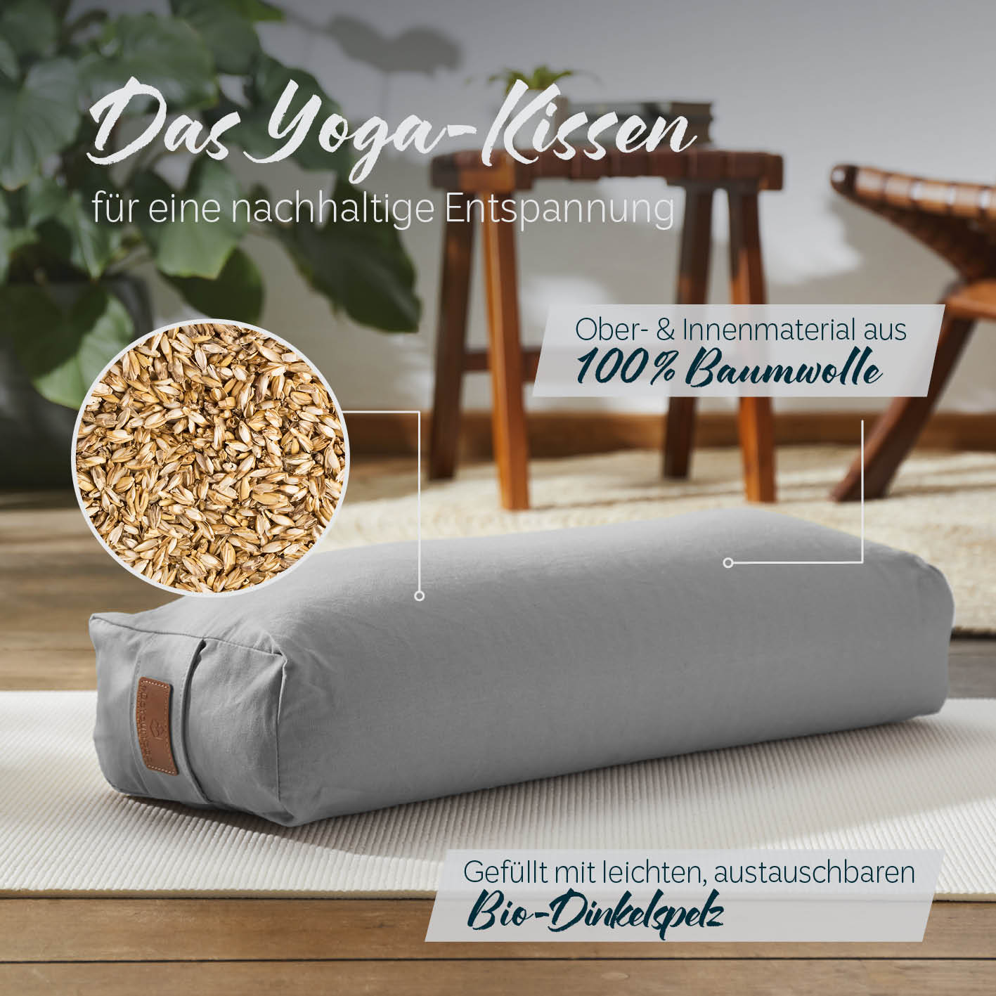 Yoga-Bolster Paravati - gefüllt mit Bio-Dinkelspelz - 67 x 22 x 13 cm - Zementgrau