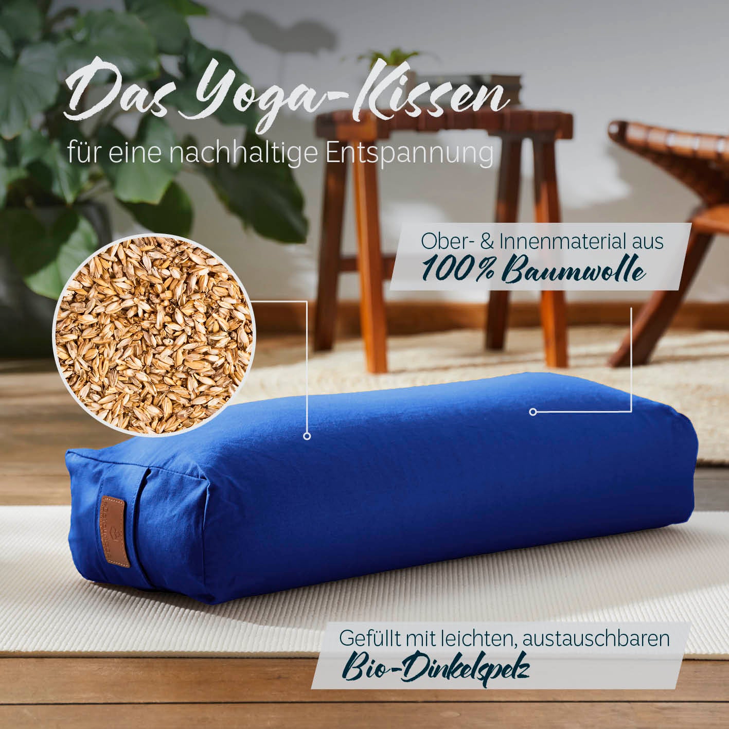 Yoga-Bolster Paravati - gefüllt mit Bio-Dinkelspelz - 67 x 22 x 13 cm - Navyblau