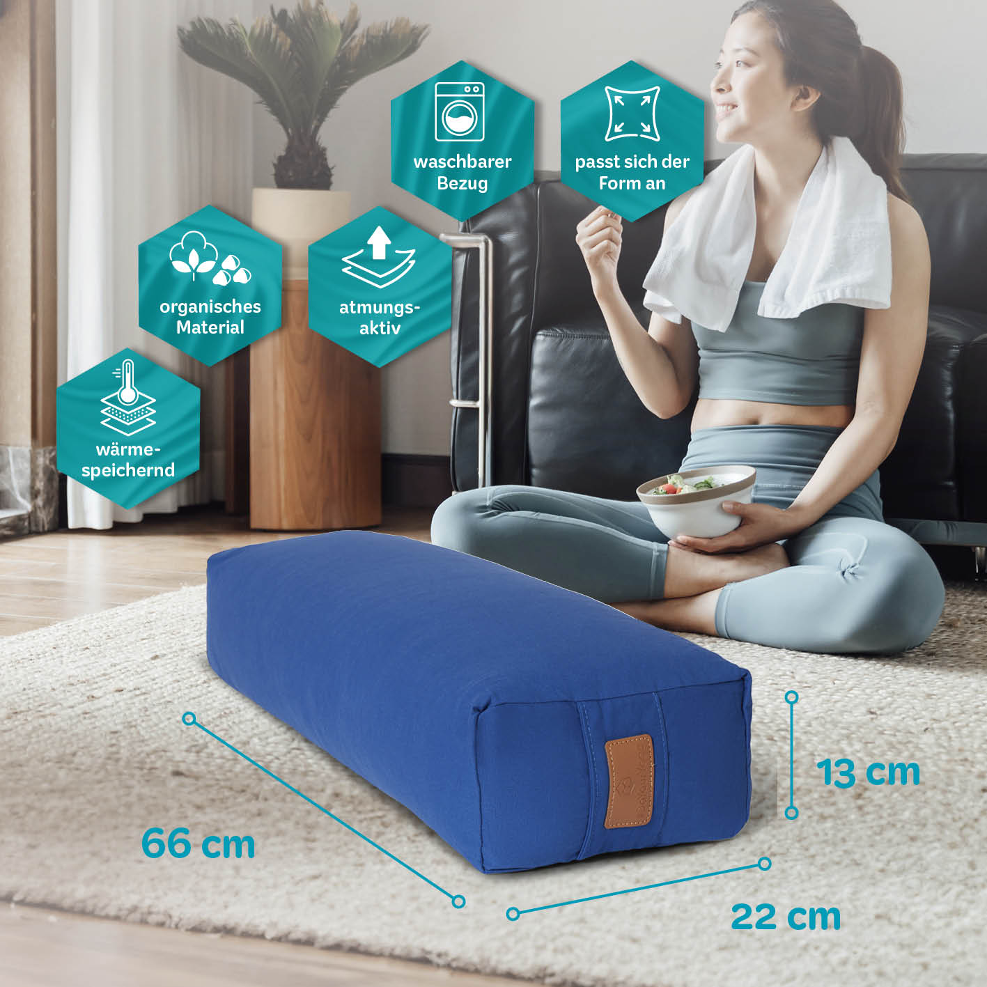 Yoga-Bolster Paravati - gefüllt mit Bio-Dinkelspelz - 67 x 22 x 13 cm - Navyblau