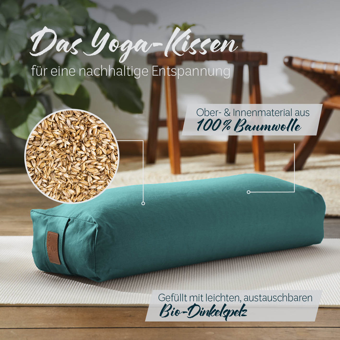 Yoga-Bolster Paravati - gefüllt mit Bio-Dinkelspelz - 67 x 22 x 13 cm - Dunkelgrün