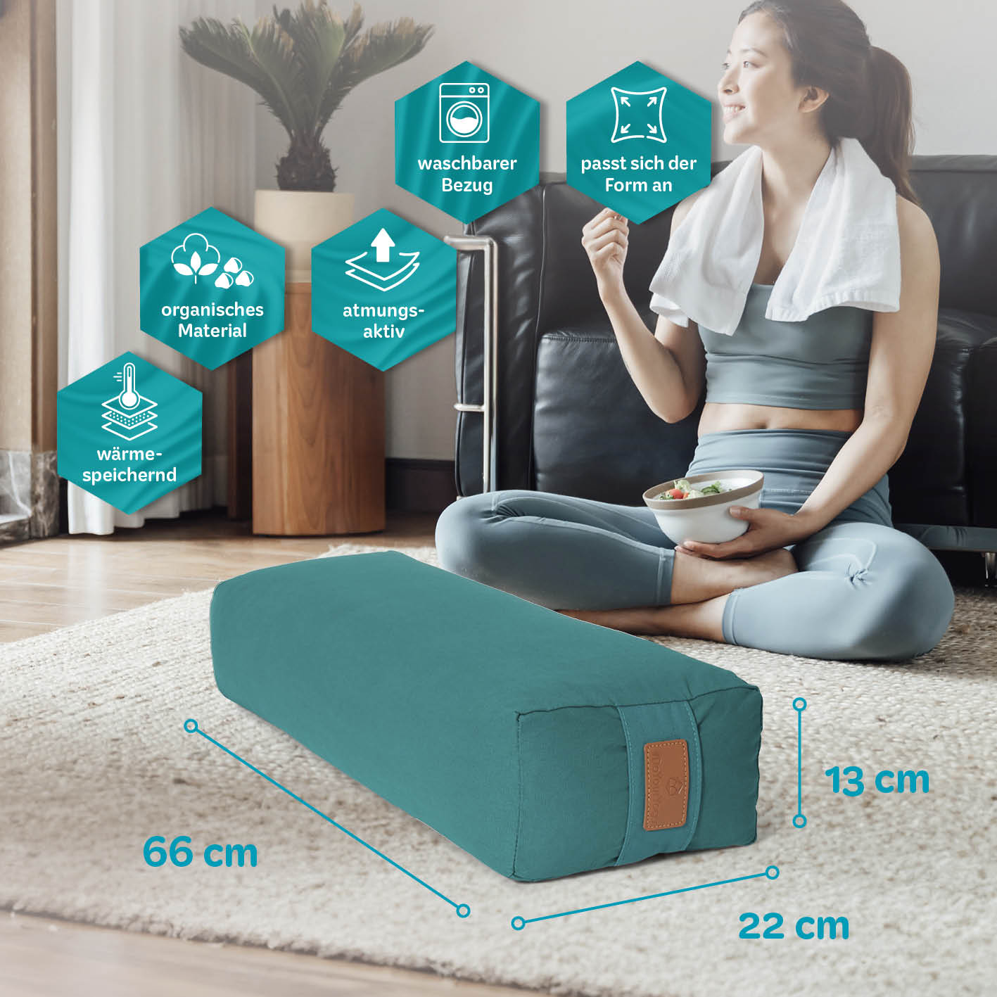 Yoga-Bolster Paravati - gefüllt mit Bio-Dinkelspelz - 67 x 22 x 13 cm - Dunkelgrün