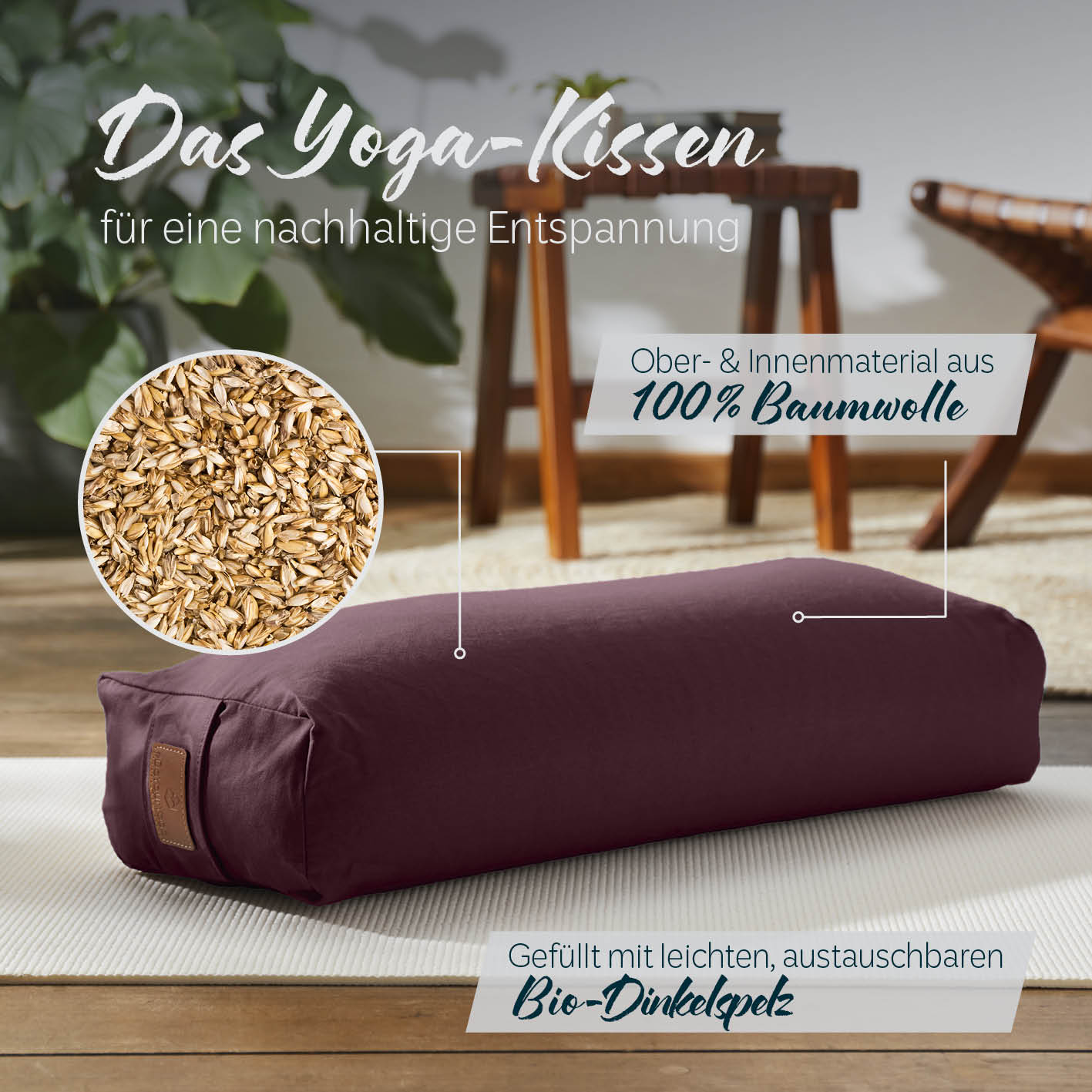 Yoga-Bolster Paravati - gefüllt mit Bio-Dinkelspelz - 67 x 22 x 13 cm - Bordeaux