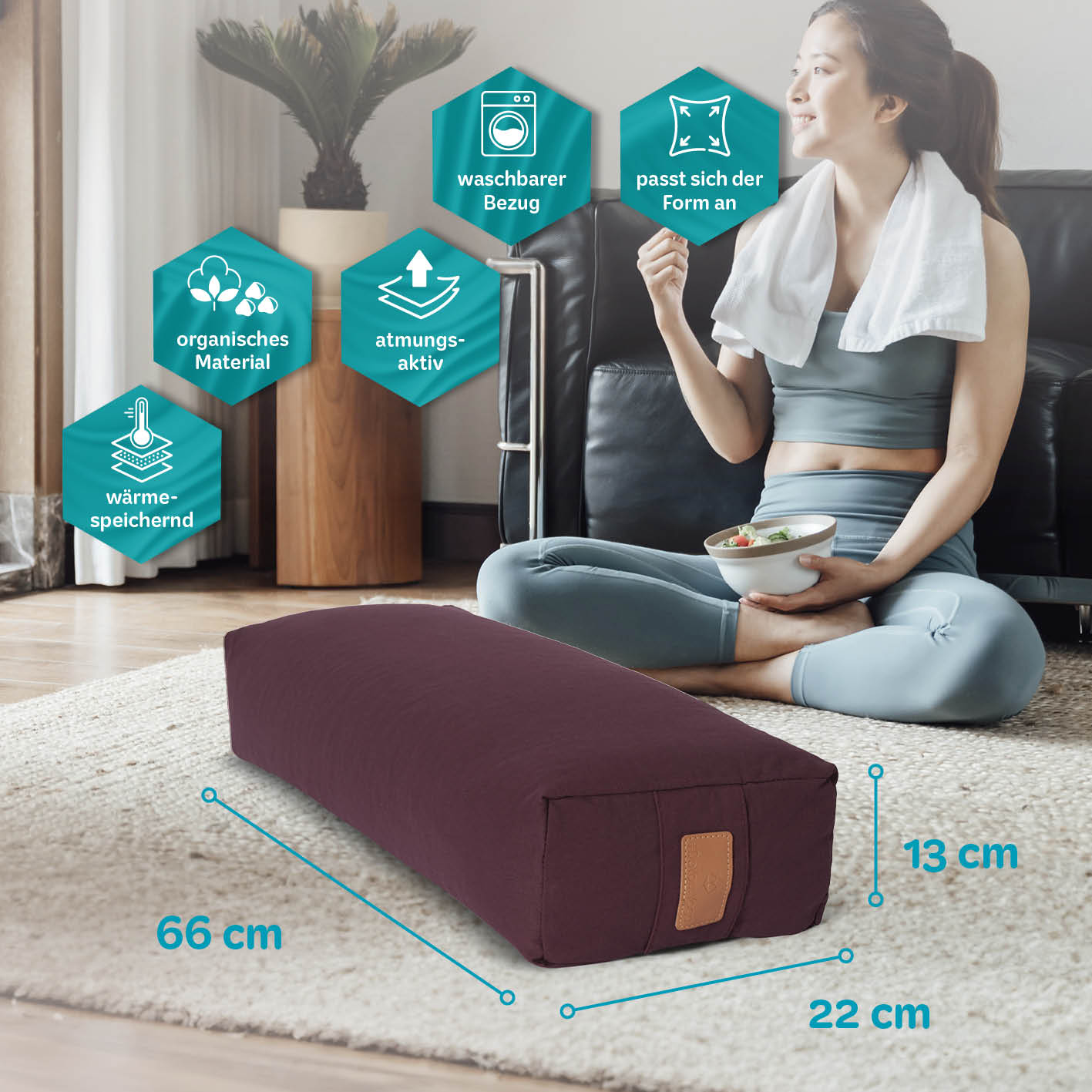 Yoga-Bolster Paravati - gefüllt mit Bio-Dinkelspelz - 67 x 22 x 13 cm - Bordeaux