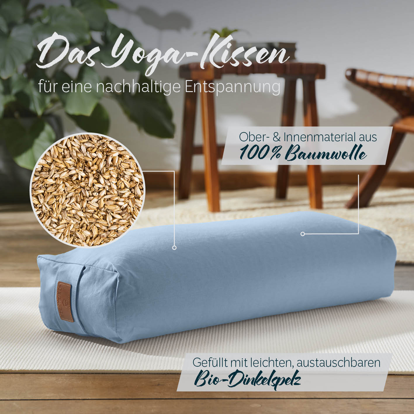 Yoga-Bolster Paravati - gefüllt mit Bio-Dinkelspelz - 67 x 22 x 13 cm - Hellblau