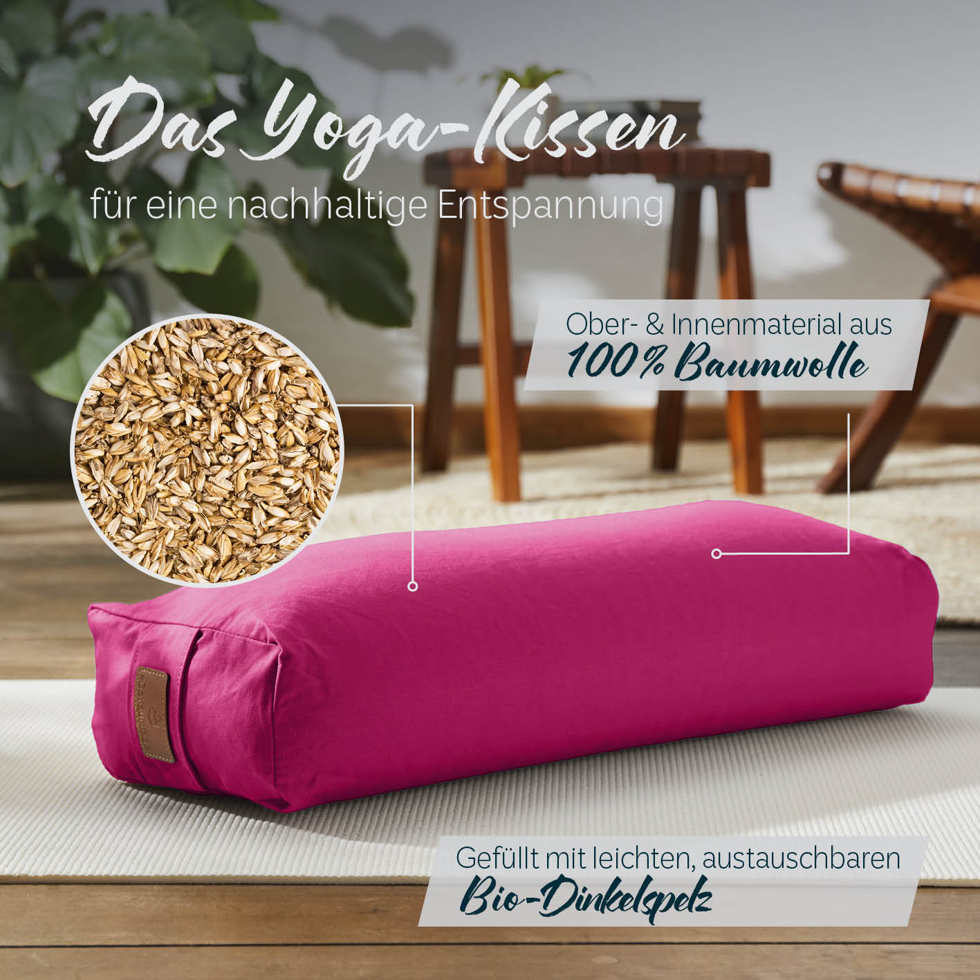 Yoga-Bolster Paravati - gefüllt mit Bio-Dinkelspelz - 67 x 22 x 13 cm - Pink