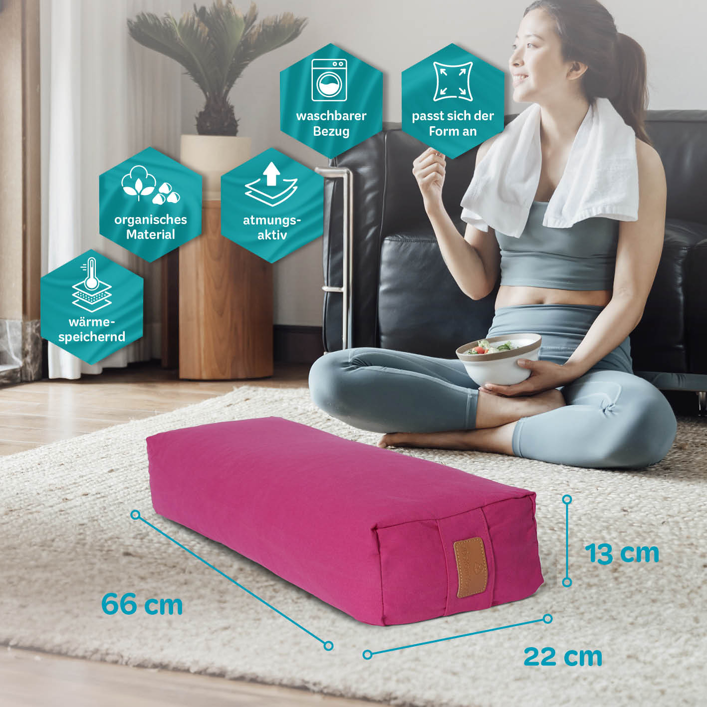 Yoga-Bolster Paravati - gefüllt mit Bio-Dinkelspelz - 67 x 22 x 13 cm - Pink