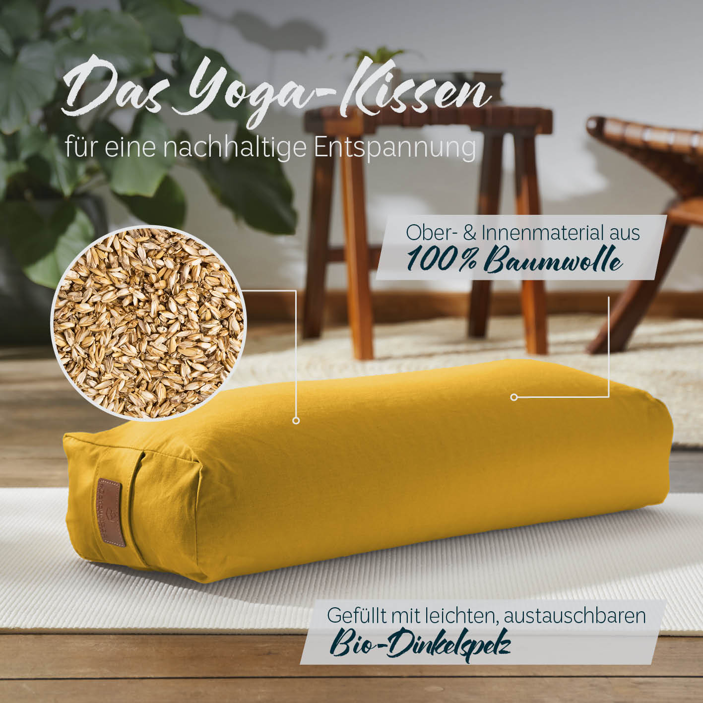 Yoga-Bolster Paravati - gefüllt mit Bio-Dinkelspelz - 67 x 22 x 13 cm - Indischgelb