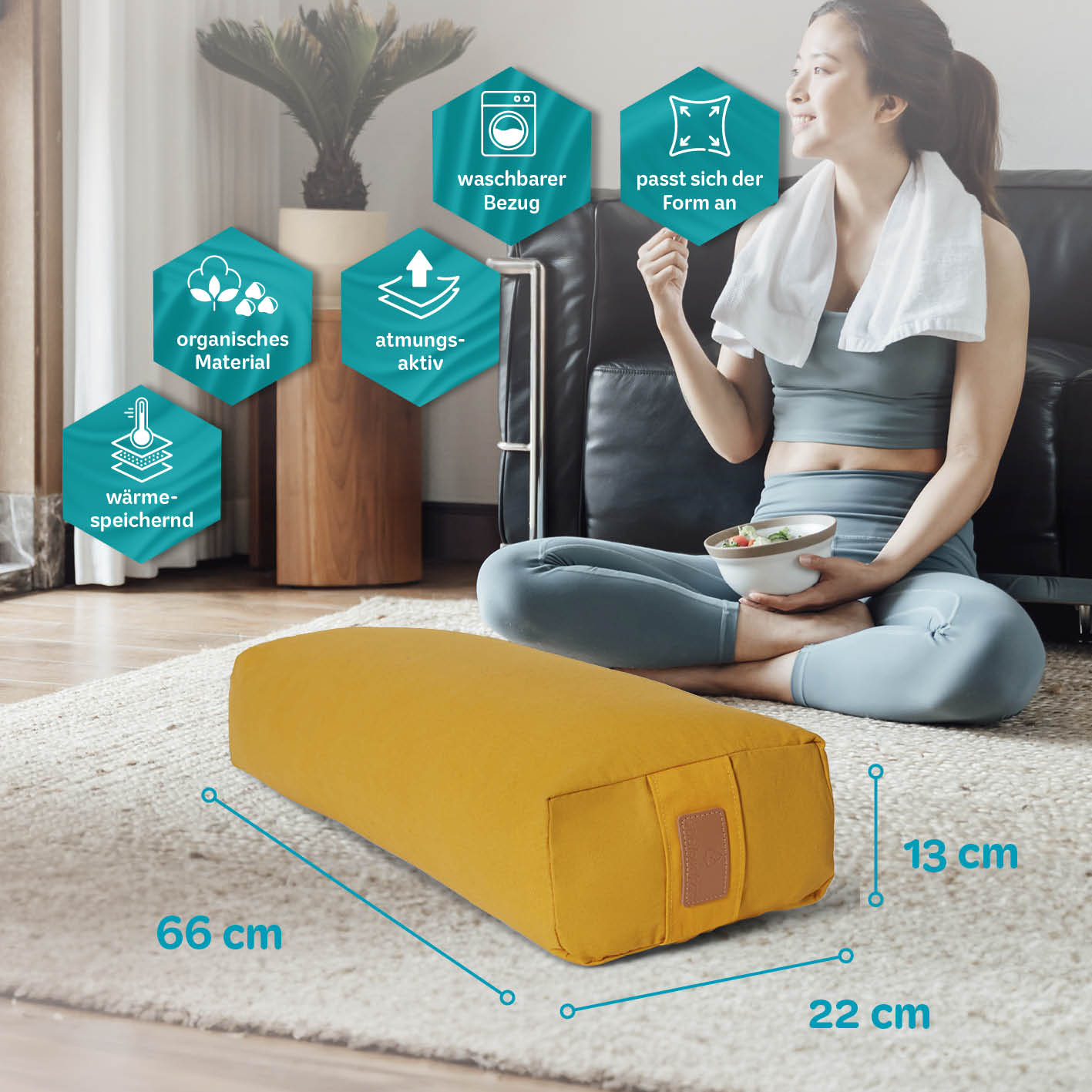 Yoga-Bolster Paravati - gefüllt mit Bio-Dinkelspelz - 67 x 22 x 13 cm - Indischgelb