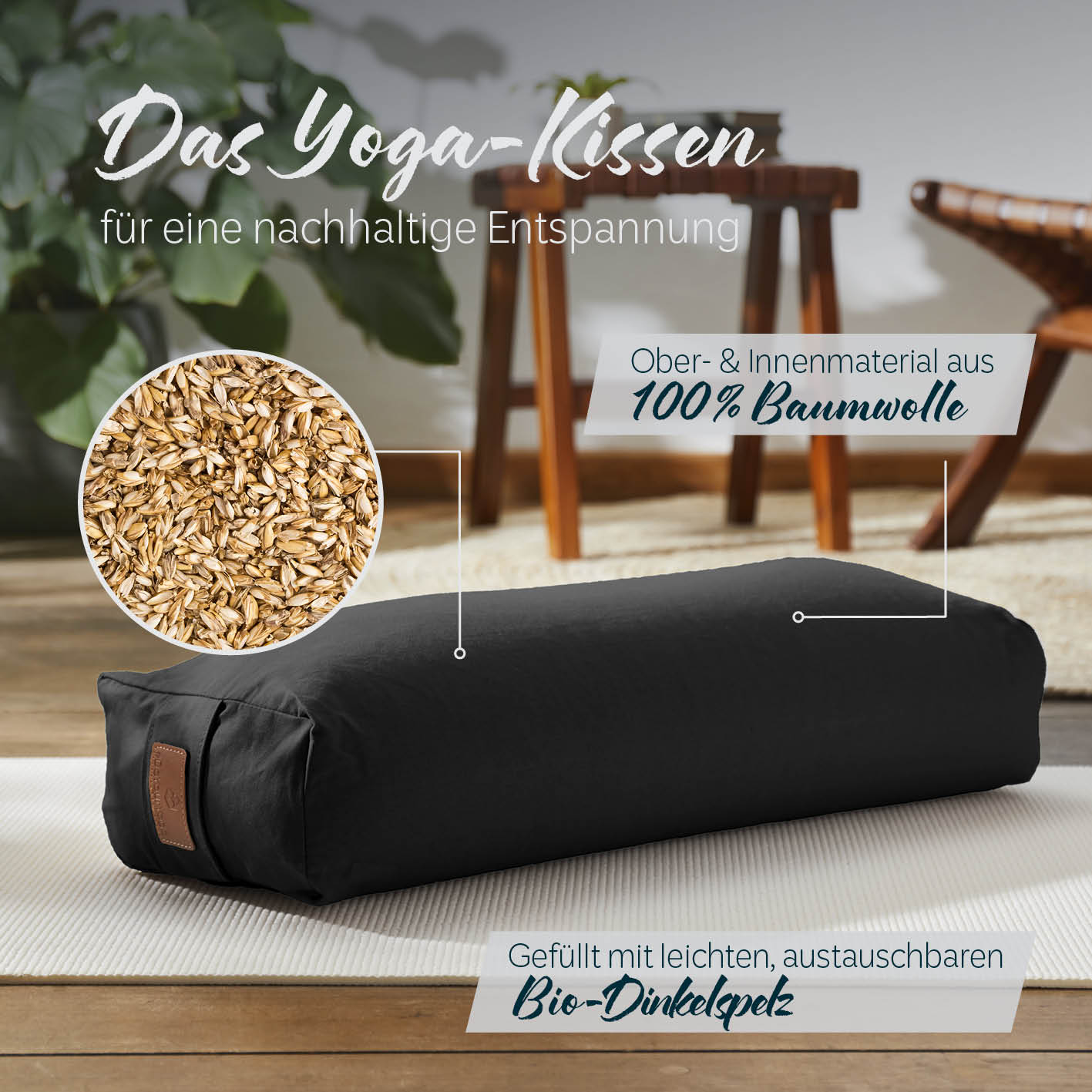 Yoga-Bolster Paravati - gefüllt mit Bio-Dinkelspelz - 67 x 22 x 13 cm - Schwarz