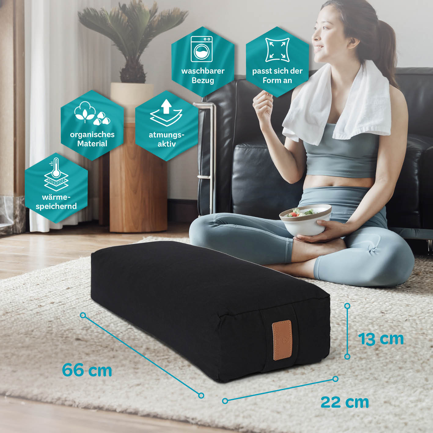 Yoga-Bolster Paravati - gefüllt mit Bio-Dinkelspelz - 67 x 22 x 13 cm - Schwarz