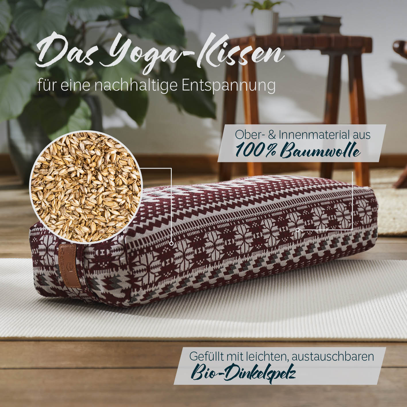 Yoga-Bolster Paravati - gefüllt mit Bio-Dinkelspelz - 67 x 22 x 13 cm - Style 9 (Rot-Weiß)