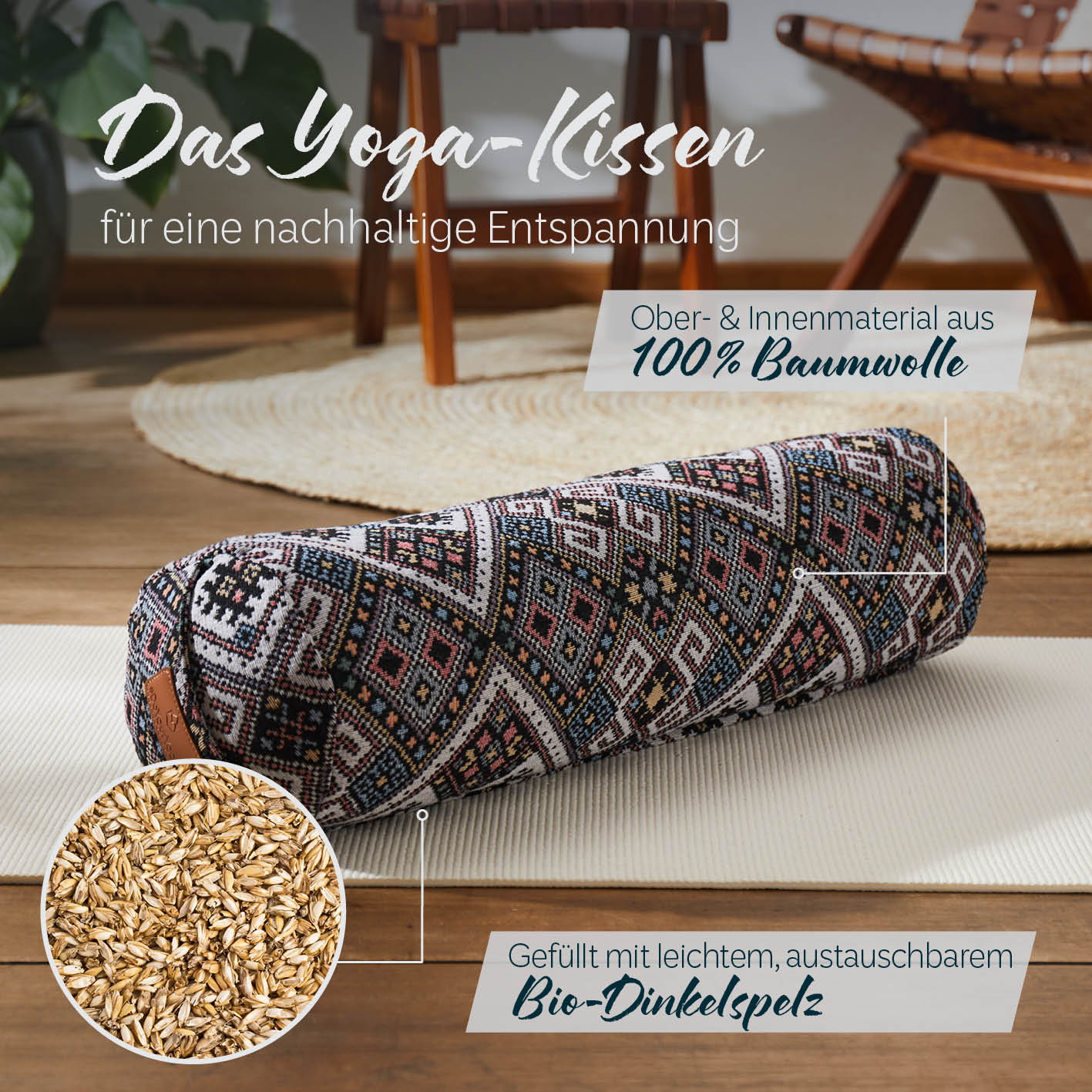 Yoga-Bolster Tarik - gefüllt mit Bio-Dinkelspelz - 68 x 22 x 22 cm - Style 13