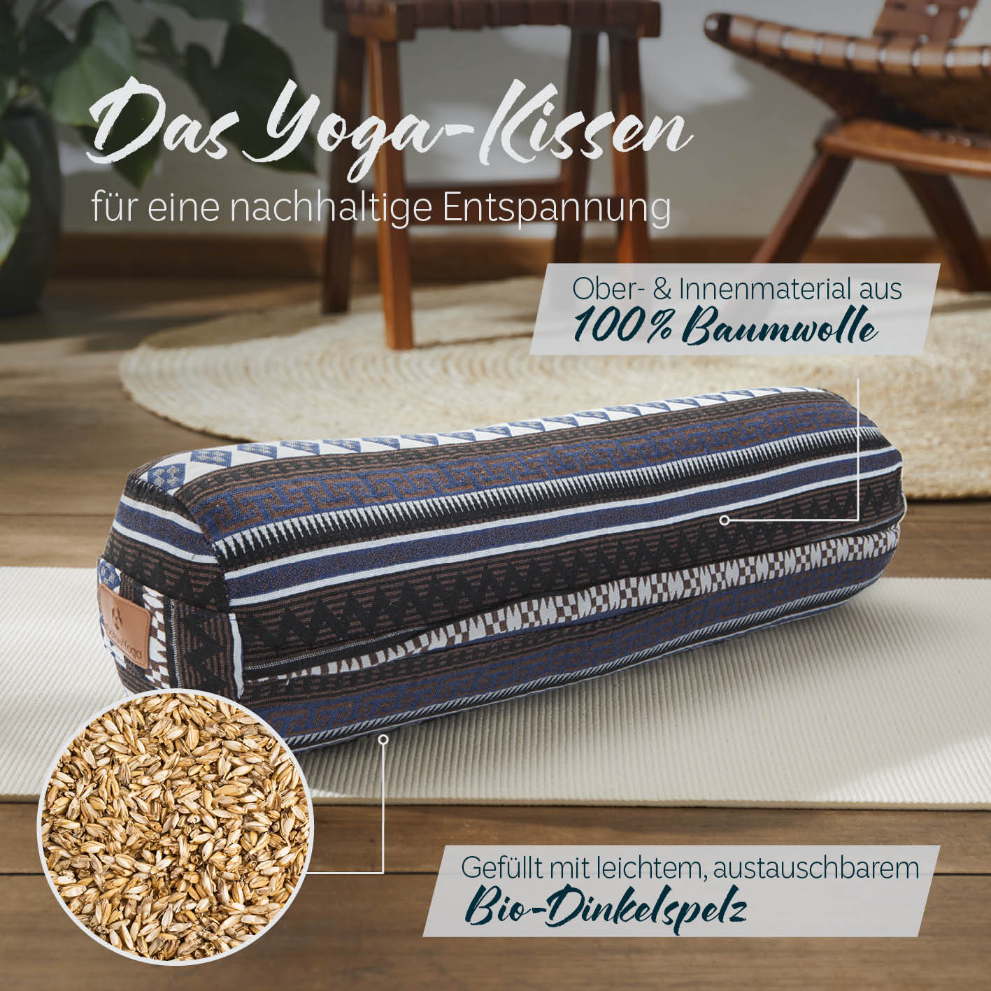 Yoga-Bolster Tarik - gefüllt mit Bio-Dinkelspelz - 68 x 22 x 22 cm - Style 11