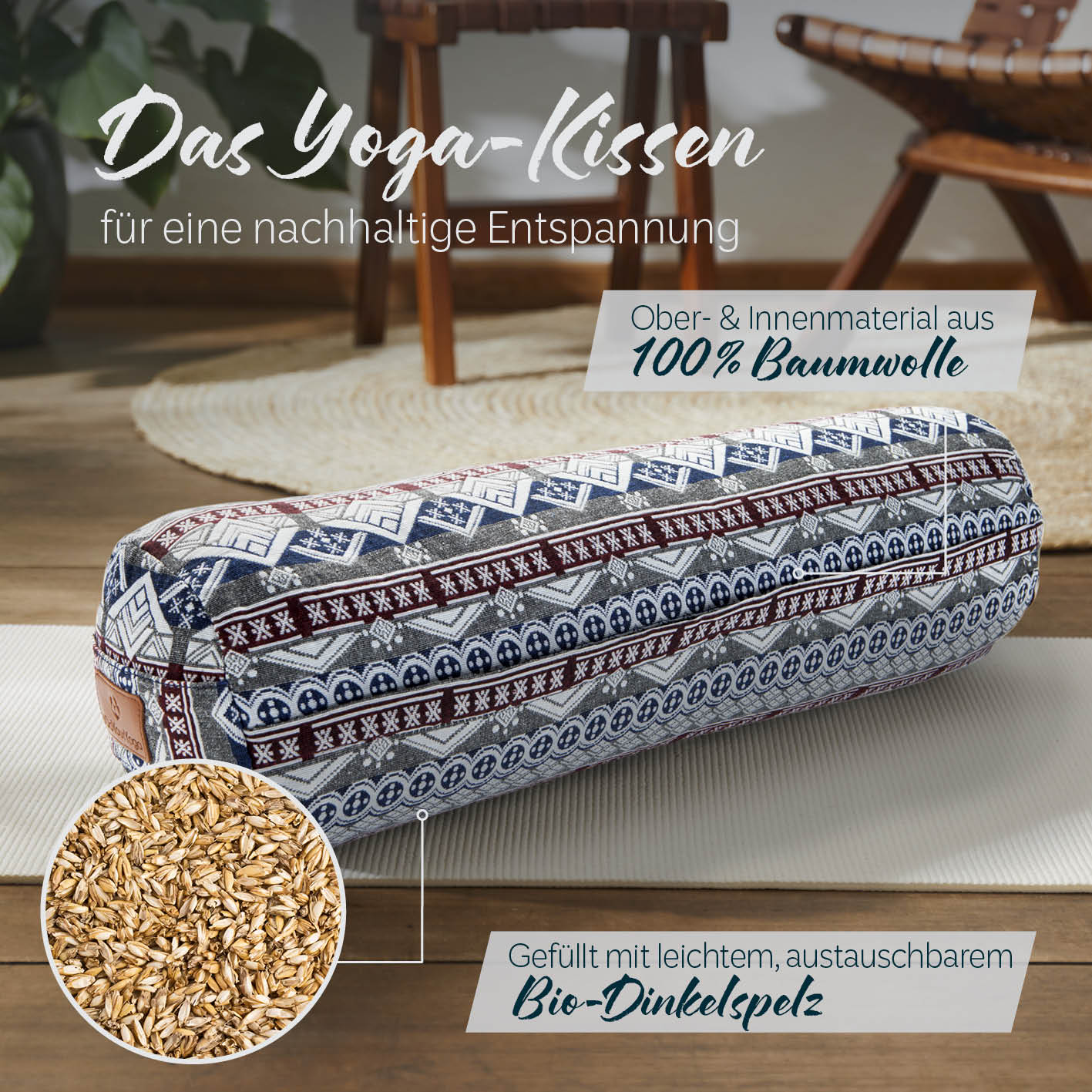 Yoga-Bolster Tarik - gefüllt mit Bio-Dinkelspelz - 68 x 22 x 22 cm - Style 19