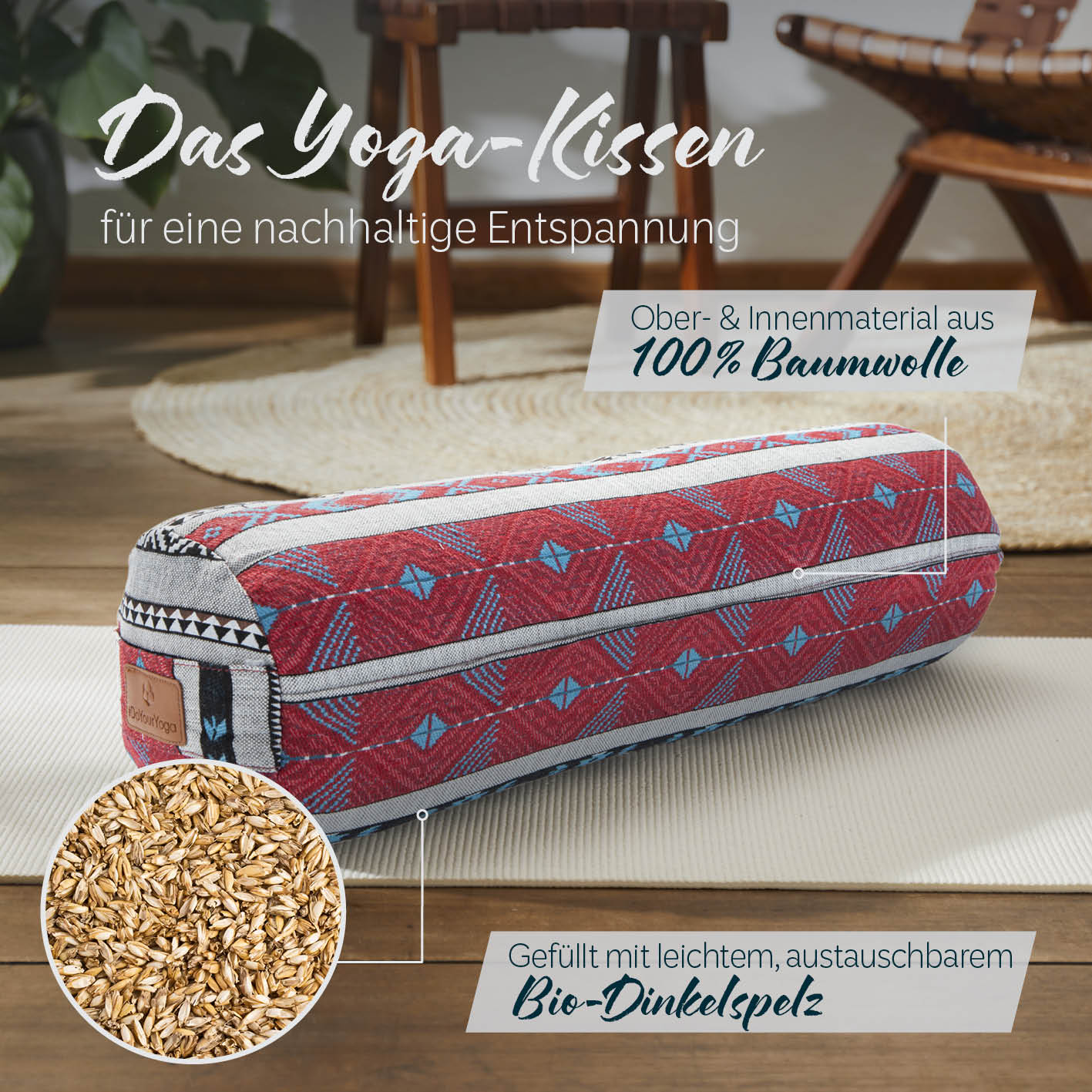 Yoga-Bolster Tarik - gefüllt mit Bio-Dinkelspelz - 68 x 22 x 22 cm - Style 16