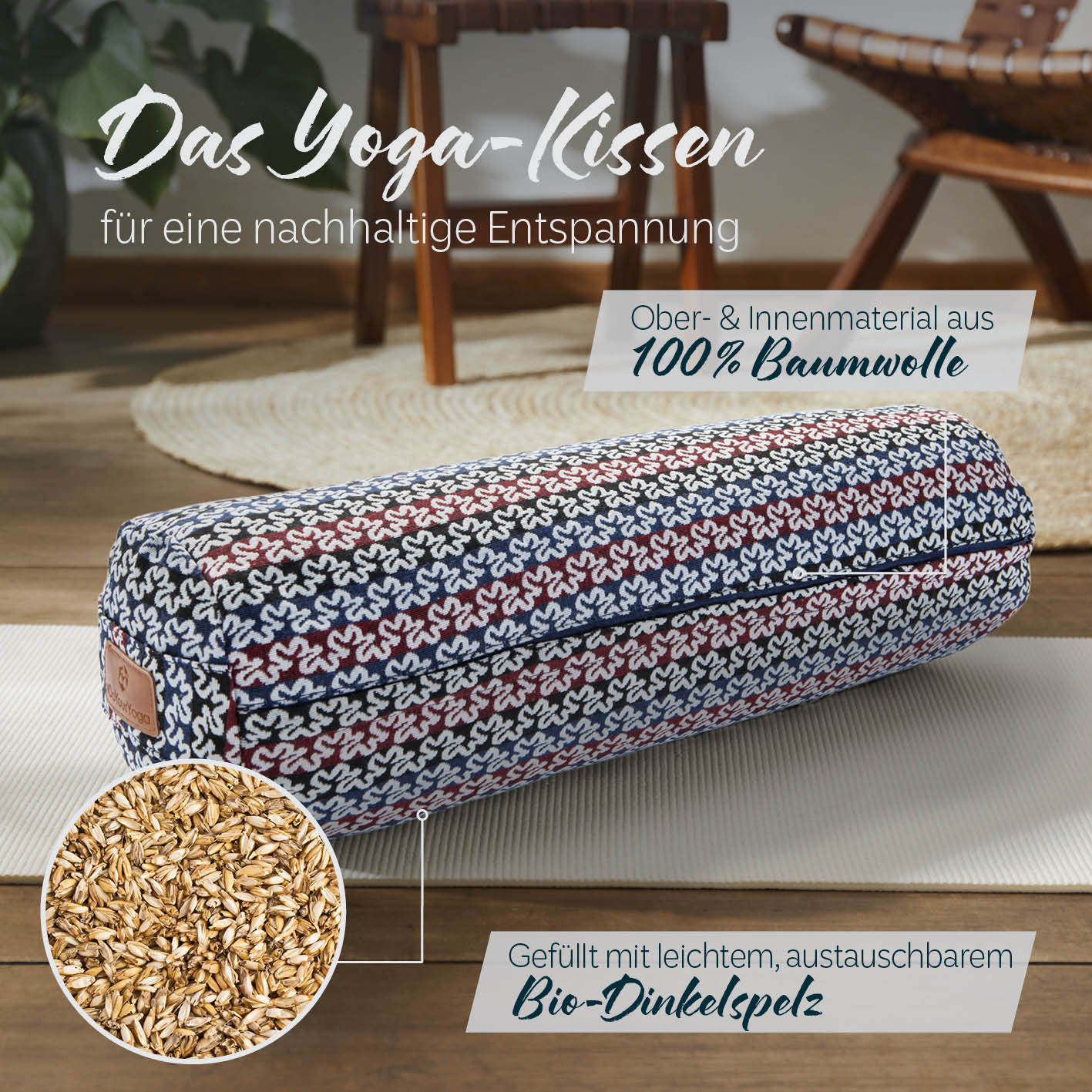 Yoga-Bolster Tarik - gefüllt mit Bio-Dinkelspelz - 68 x 22 x 22 cm - Style 17