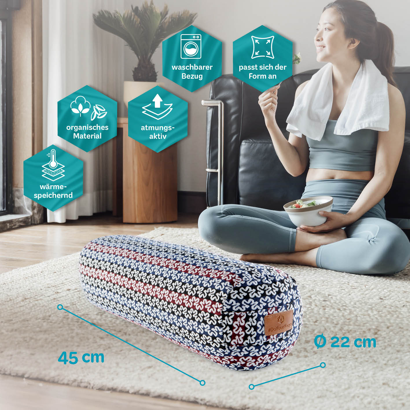 Yoga-Bolster Tarik - gefüllt mit Bio-Dinkelspelz - 68 x 22 x 22 cm - Style 17