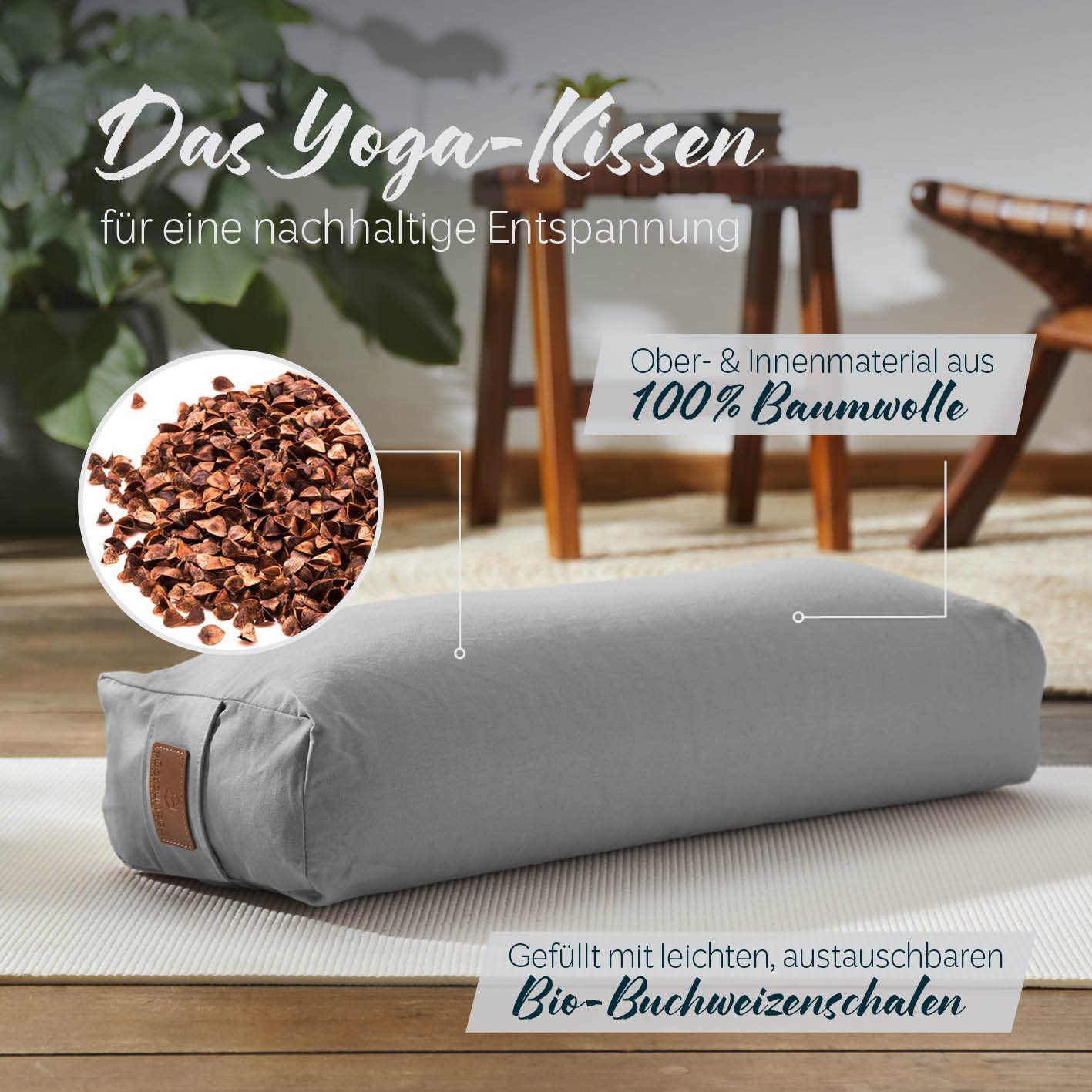 Yoga-Bolster Paravati - gefüllt mit Bio-Buchweizenschalen - 67 x 22 x 13 cm - Zementgrau