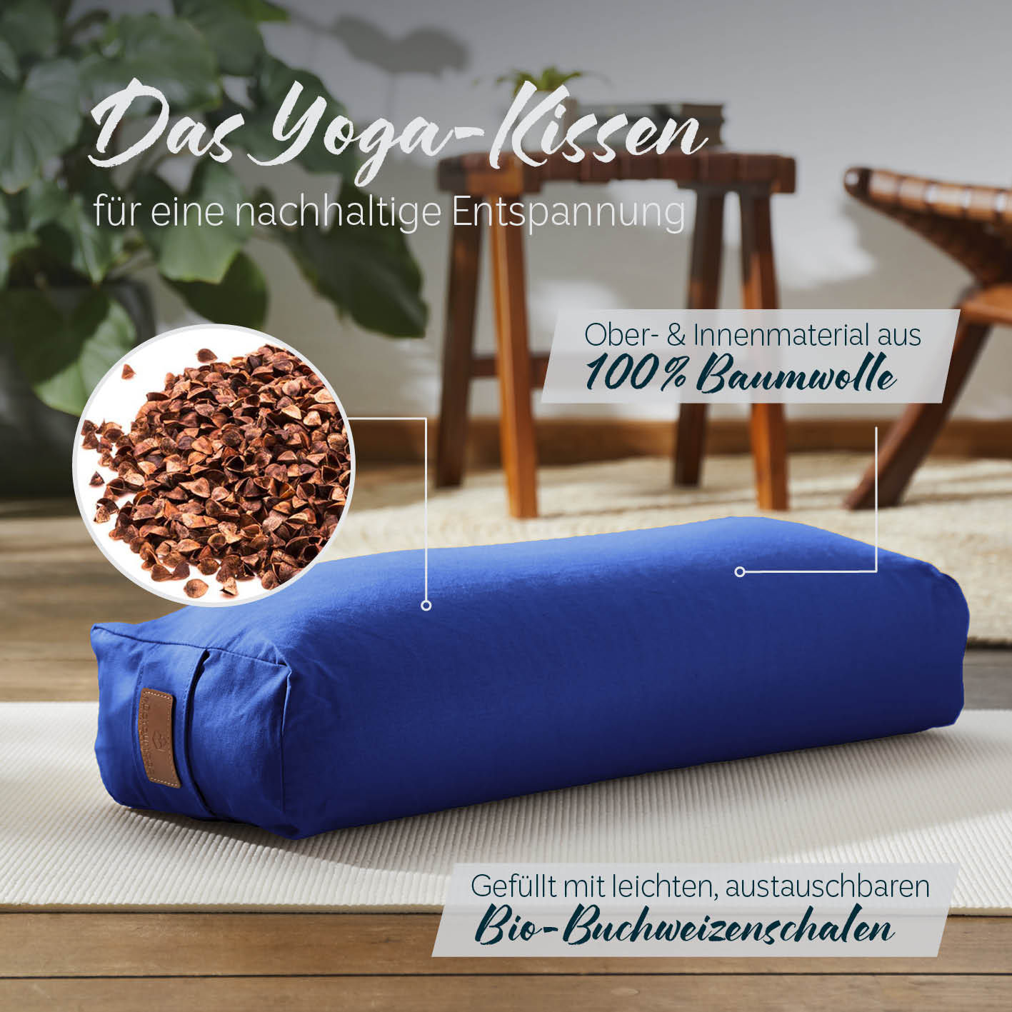 Yoga-Bolster Paravati - gefüllt mit Bio-Buchweizenschalen - 67 x 22 x 13 cm - Navyblau