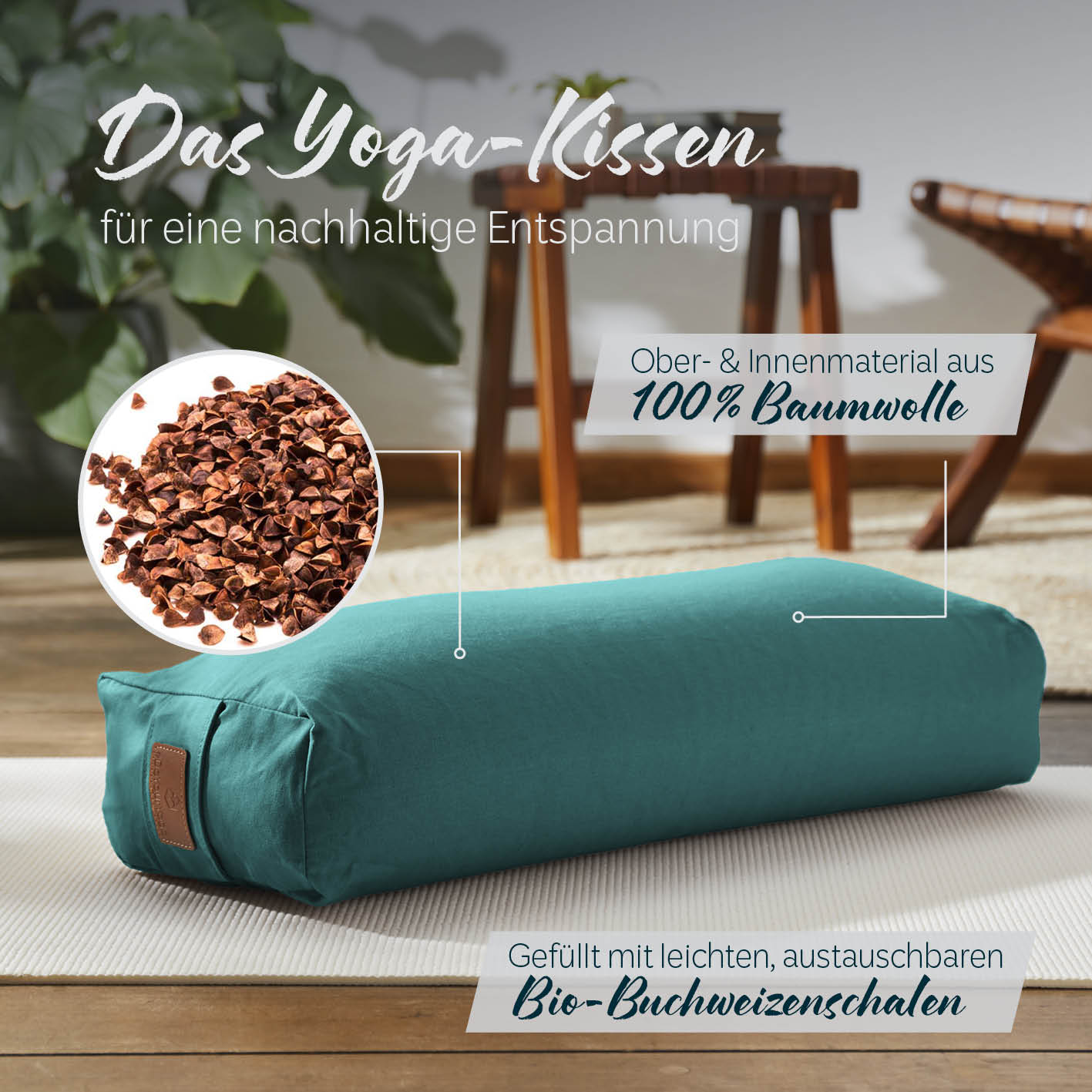 Yoga-Bolster Paravati - gefüllt mit Bio-Buchweizenschalen - 67 x 22 x 13 cm - Dunkelgrün