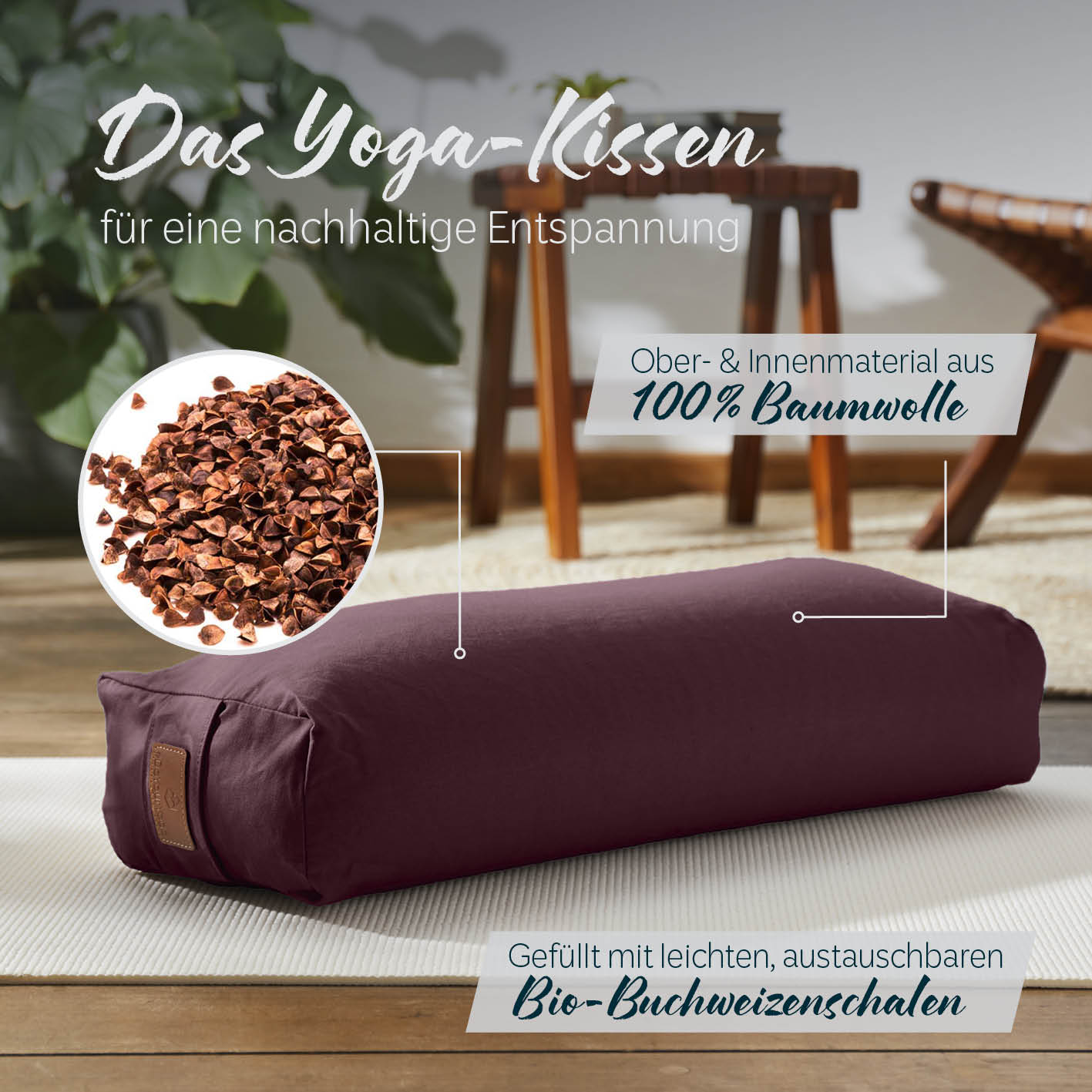 Yoga-Bolster Paravati - gefüllt mit Bio-Buchweizenschalen - 67 x 22 x 13 cm - Bordeaux