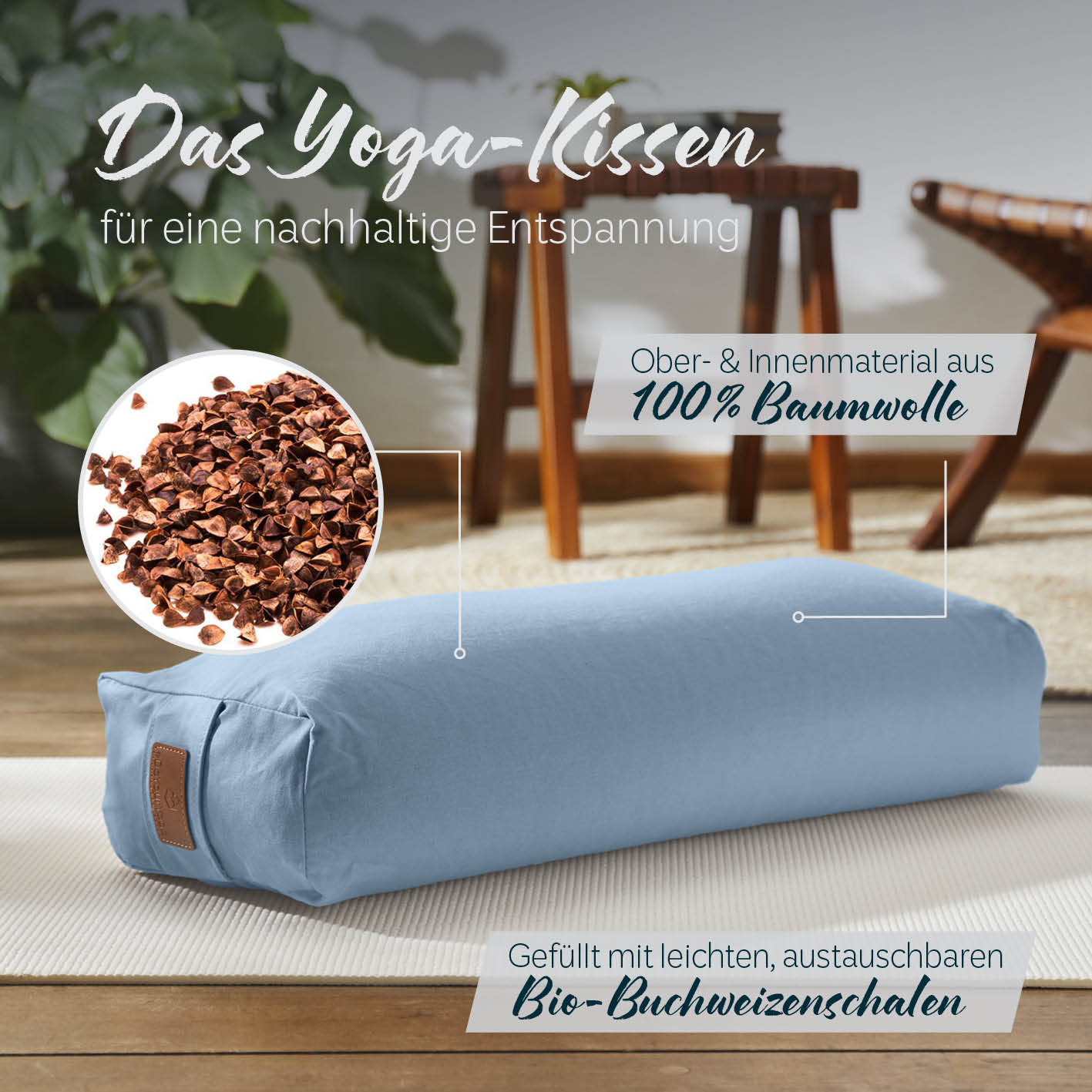 Yoga-Bolster Paravati - gefüllt mit Bio-Buchweizenschalen - 67 x 22 x 13 cm - Hellblau