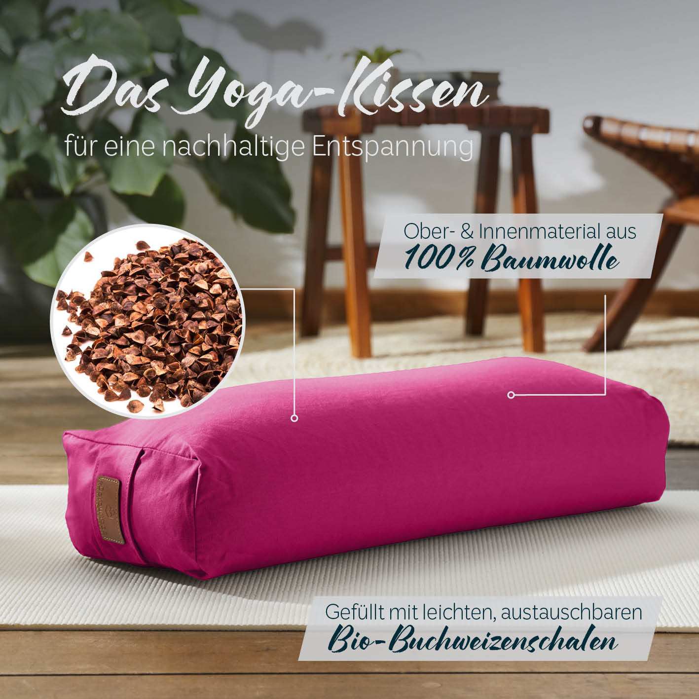 Yoga-Bolster Paravati - gefüllt mit Bio-Buchweizenschalen - 67 x 22 x 13 cm - Pink