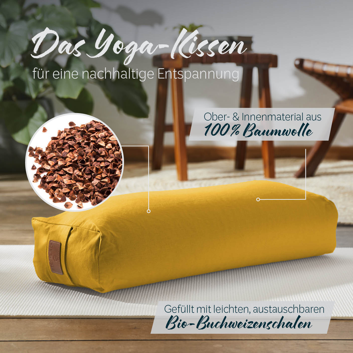 Yoga-Bolster Paravati - gefüllt mit Bio-Buchweizenschalen - 67 x 22 x 13 cm - Indischgelb