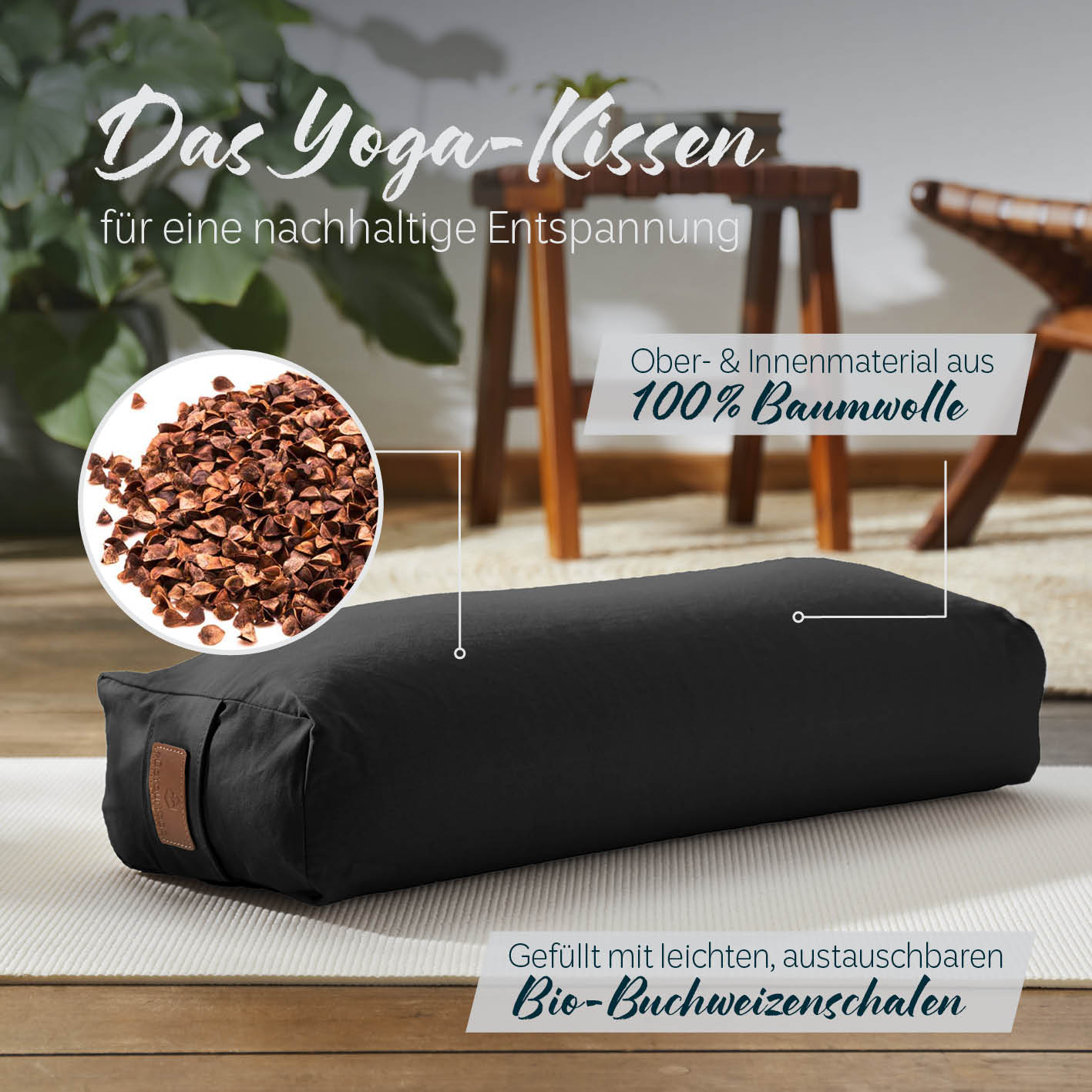 Yoga-Bolster Paravati - gefüllt mit Bio-Buchweizenschalen - 67 x 22 x 13 cm - Schwarz