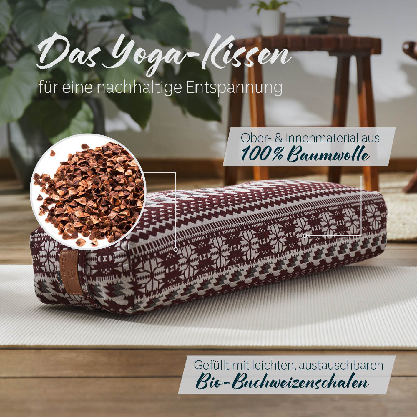 Yoga-Bolster Paravati - gefüllt mit Bio-Buchweizenschalen - 67 x 22 x 13 cm - Style 9 (Rot-Weiß)