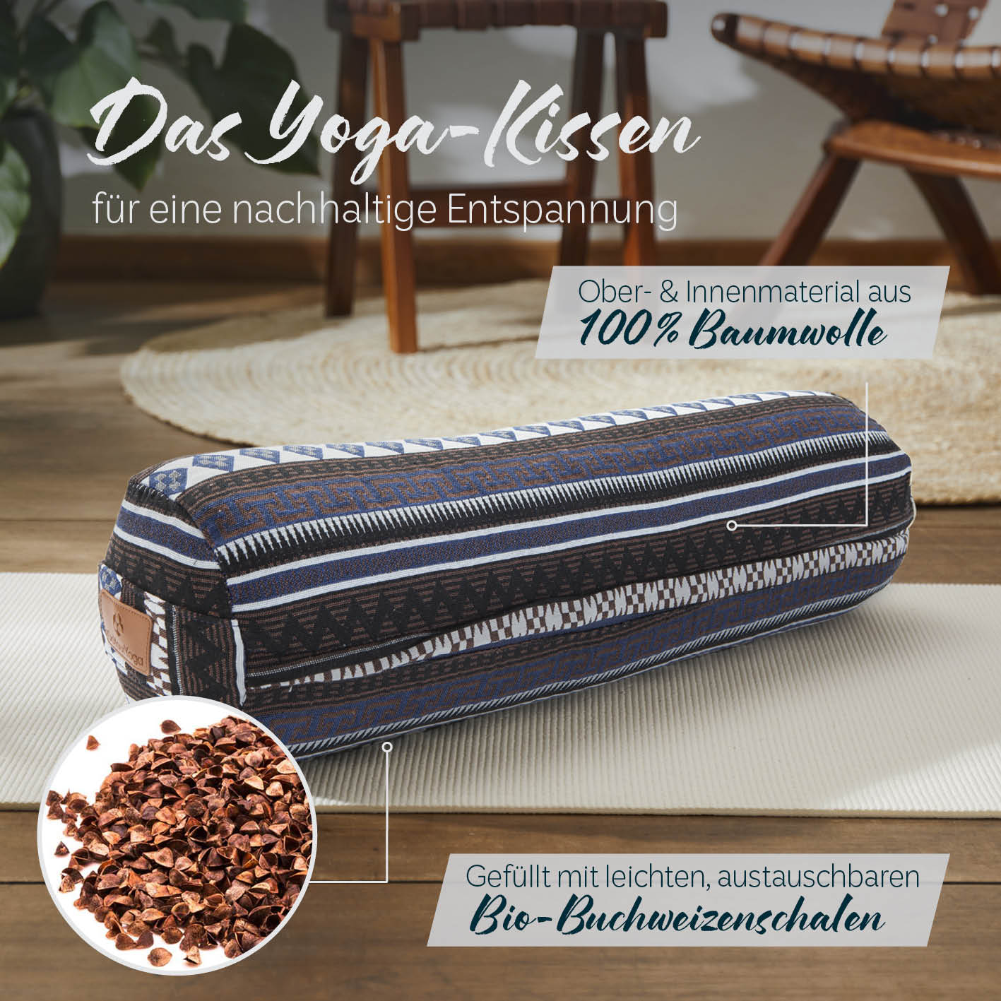 Yoga-Bolster Tarik - gefüllt mit Bio-Buchweizenschalen - 68 x 22 x 22 cm - Style 11