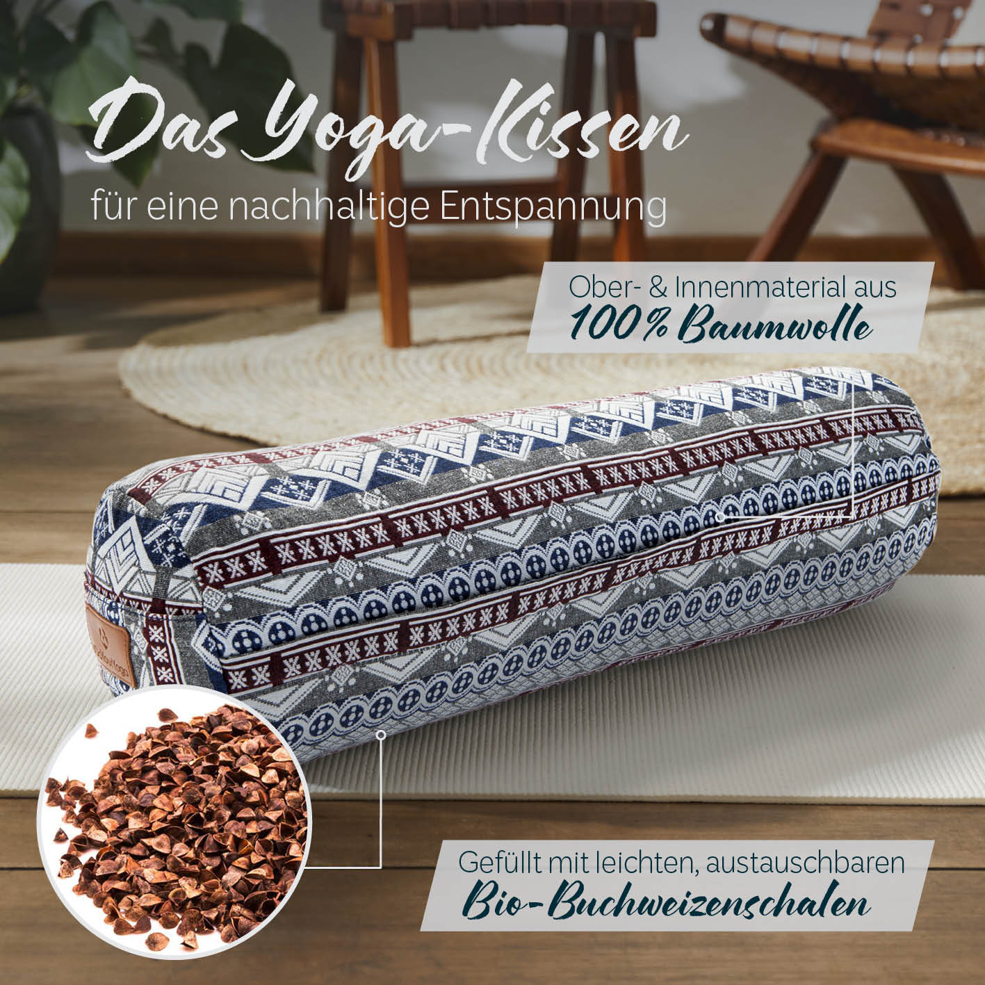 Yoga-Bolster Tarik - gefüllt mit Bio-Buchweizenschalen - 68 x 22 x 22 cm - Style 19