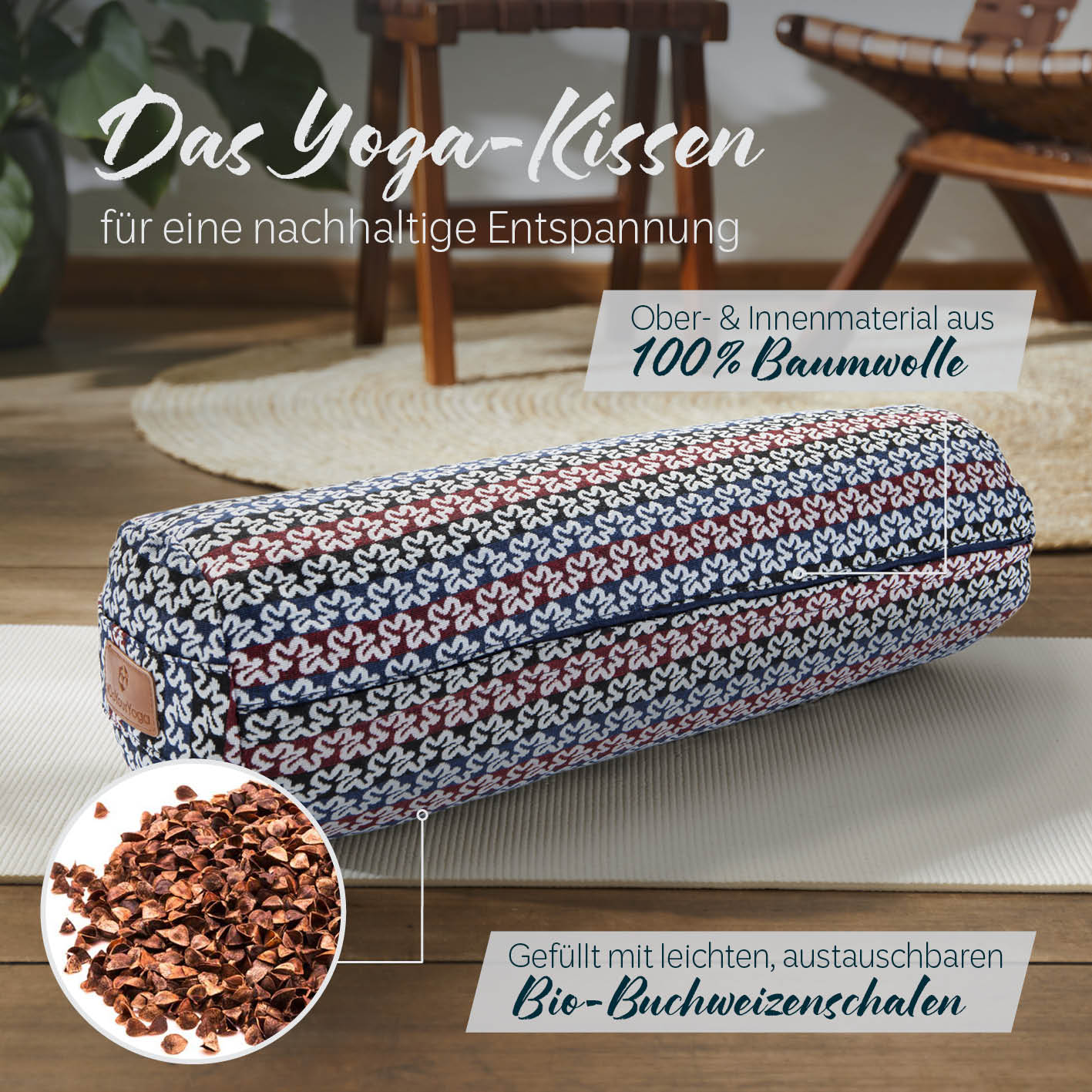 Yoga-Bolster Tarik - gefüllt mit Bio-Buchweizenschalen - 68 x 22 x 22 cm - Style 17