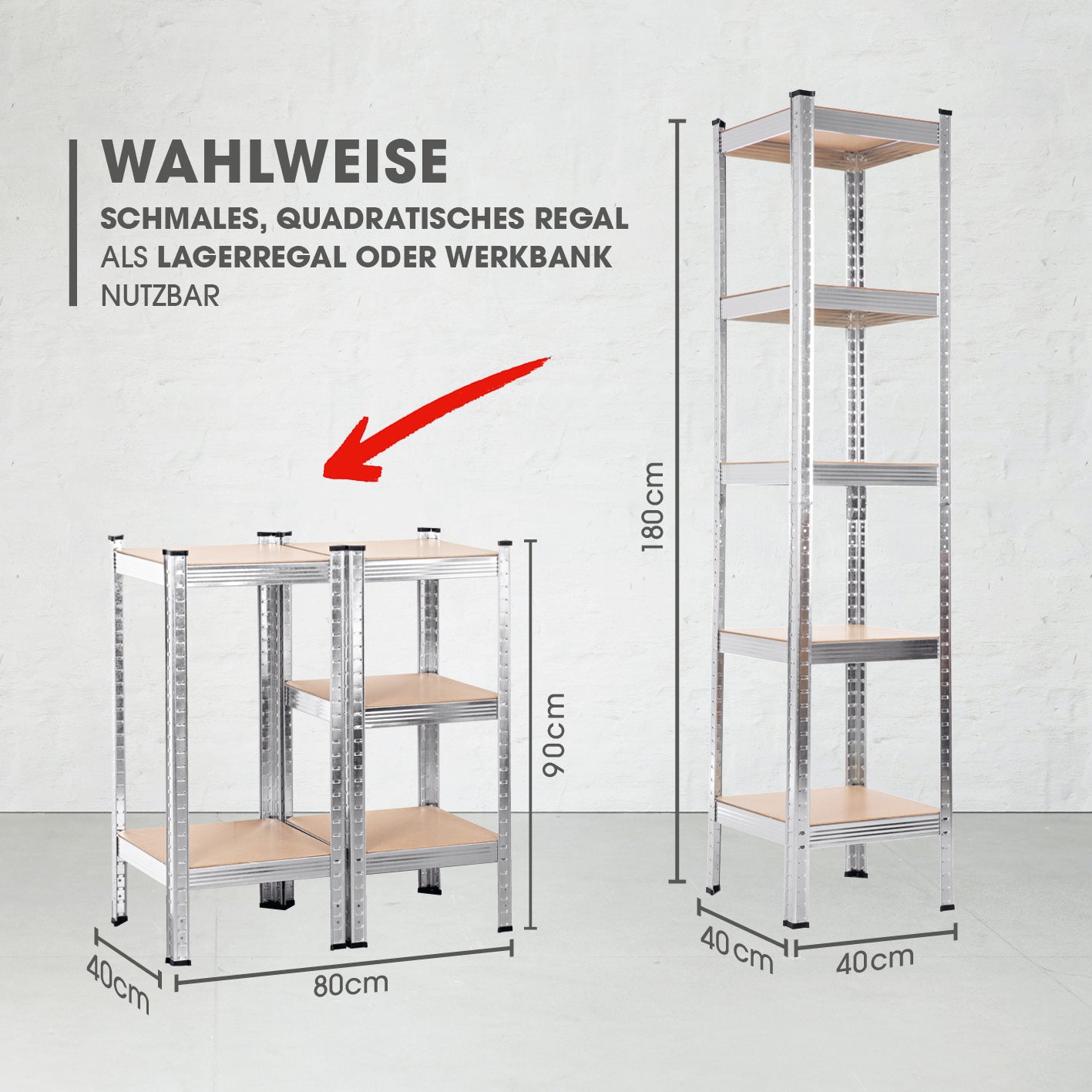 Schwerlastregal & Werkbank - 180 x 40 x 40 cm - 875 kg Traglast, 175 kg pro Ebene