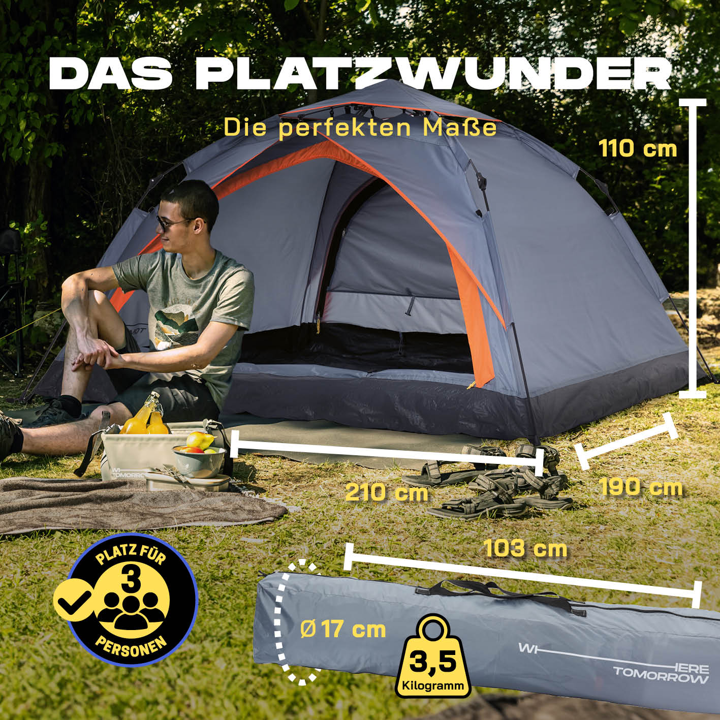 Pop Up Zelt - 3-Personen-Zelt mit Doppeltür- Wurfzelt Trekkingzelt - 210x190x110 cm - Grau