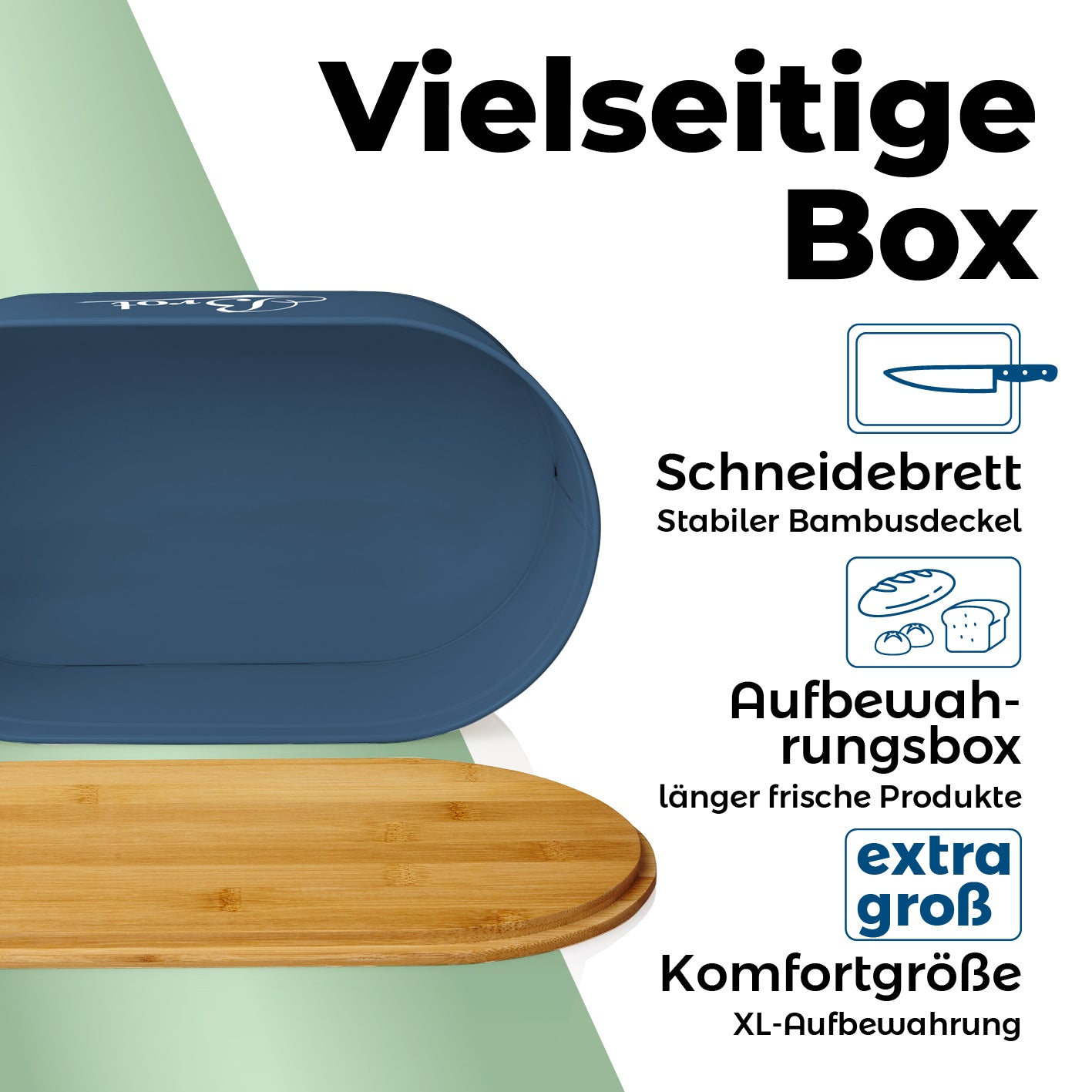 Cuisine Brotkasten aus Metall mit Bambus Deckel - Oval 36 x 20 x 13,8 cm - Blau