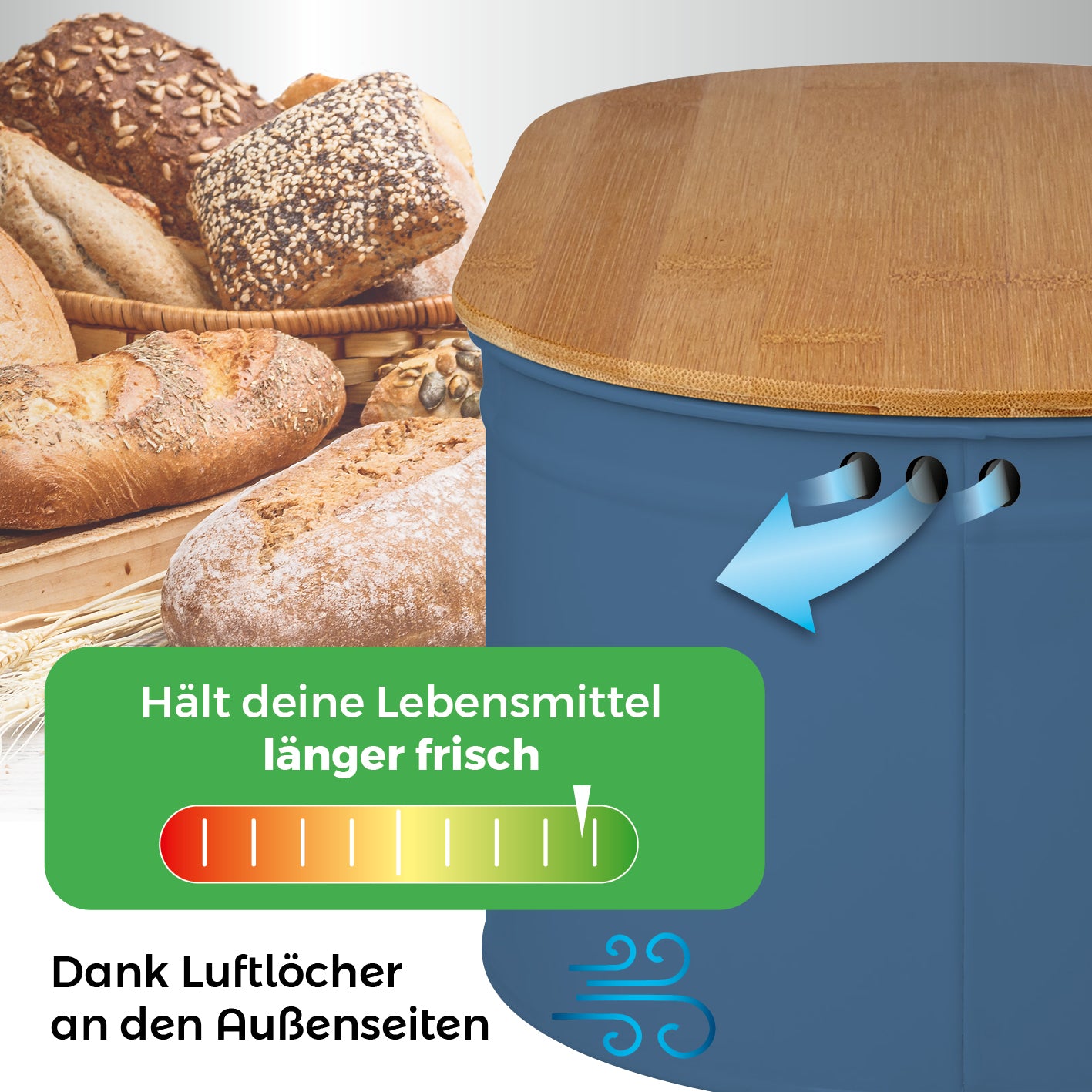 Cuisine Brotkasten aus Metall mit Bambus Deckel - Oval 36 x 20 x 13,8 cm - Blau