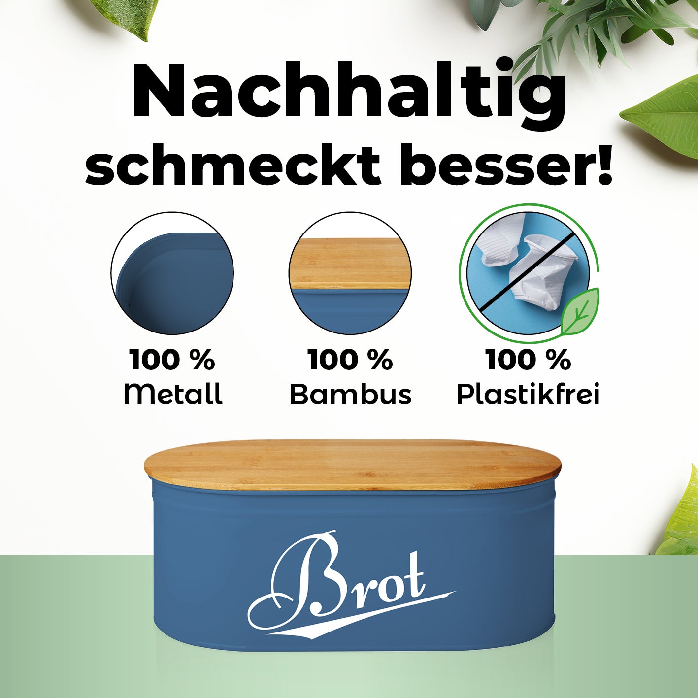 Cuisine Brotkasten aus Metall mit Bambus Deckel - Oval 36 x 20 x 13,8 cm - Blau