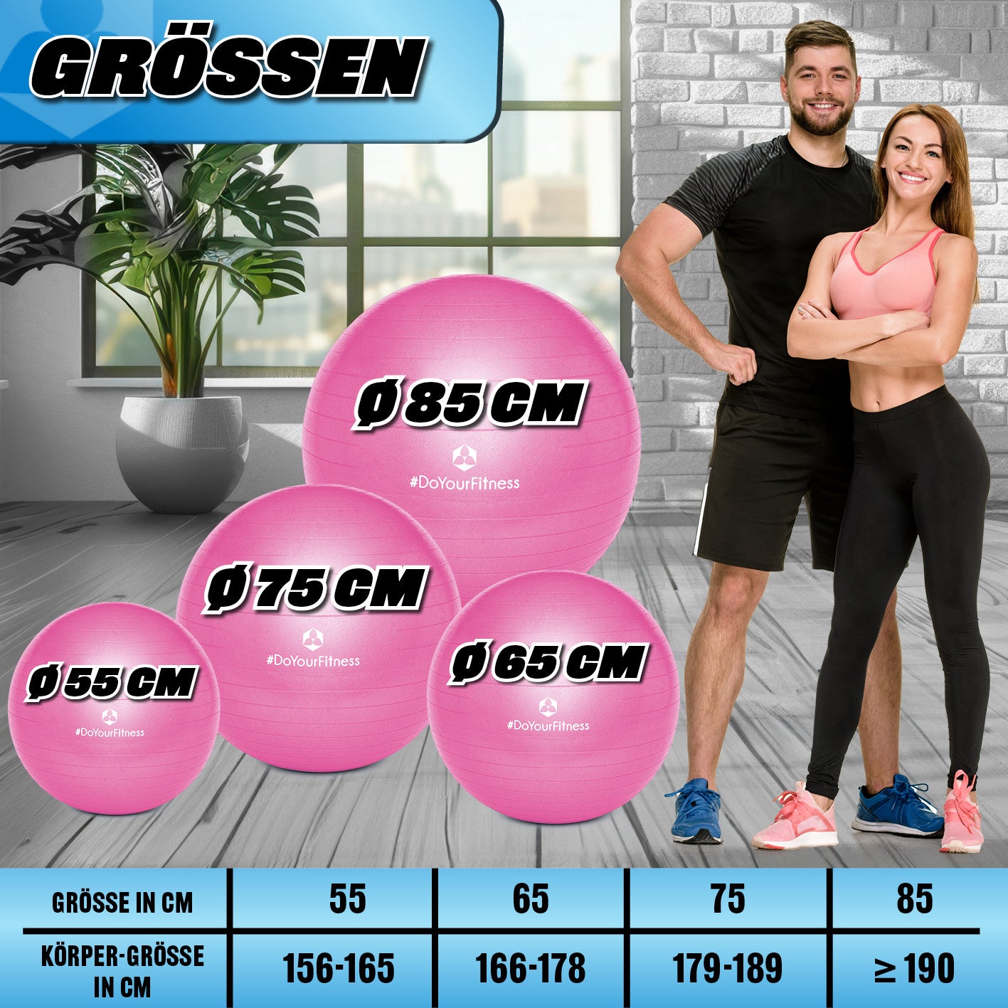 Gymnastikball inkl. Ballpumpe - Fitness Sitzball - Pink - 65 cm