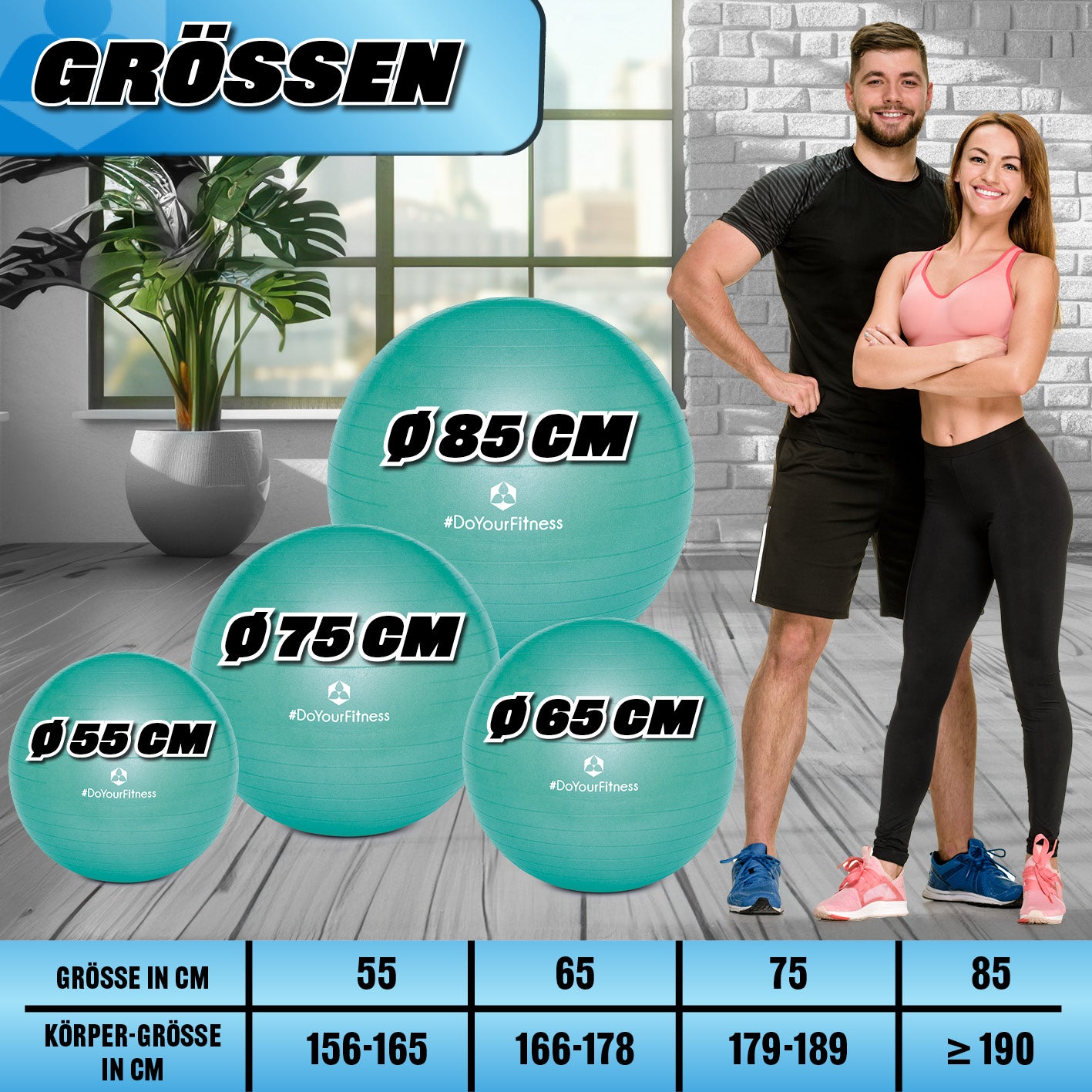 Gymnastikball inkl. Ballpumpe - Fitness Sitzball - Türkis - 75 cm