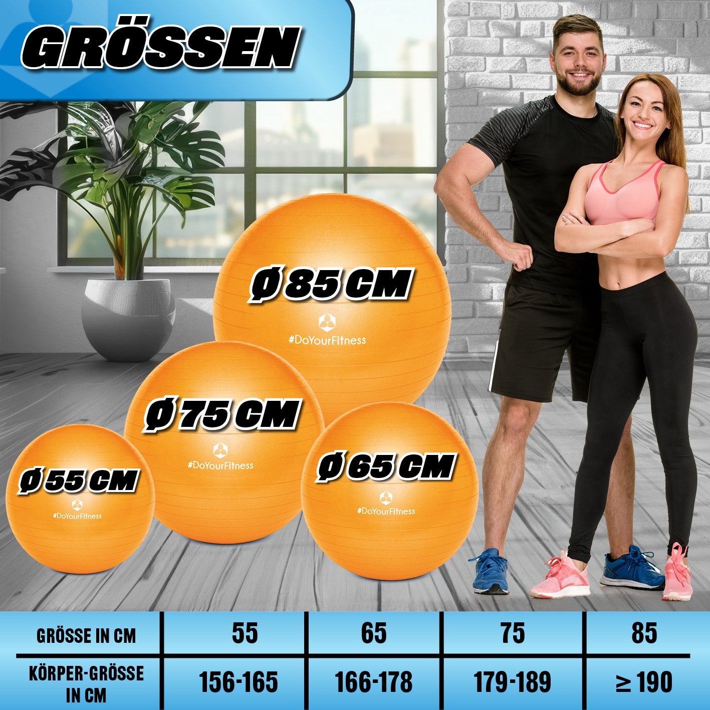 Gymnastikball inkl. Ballpumpe - Fitness Sitzball - Orange - 65 cm